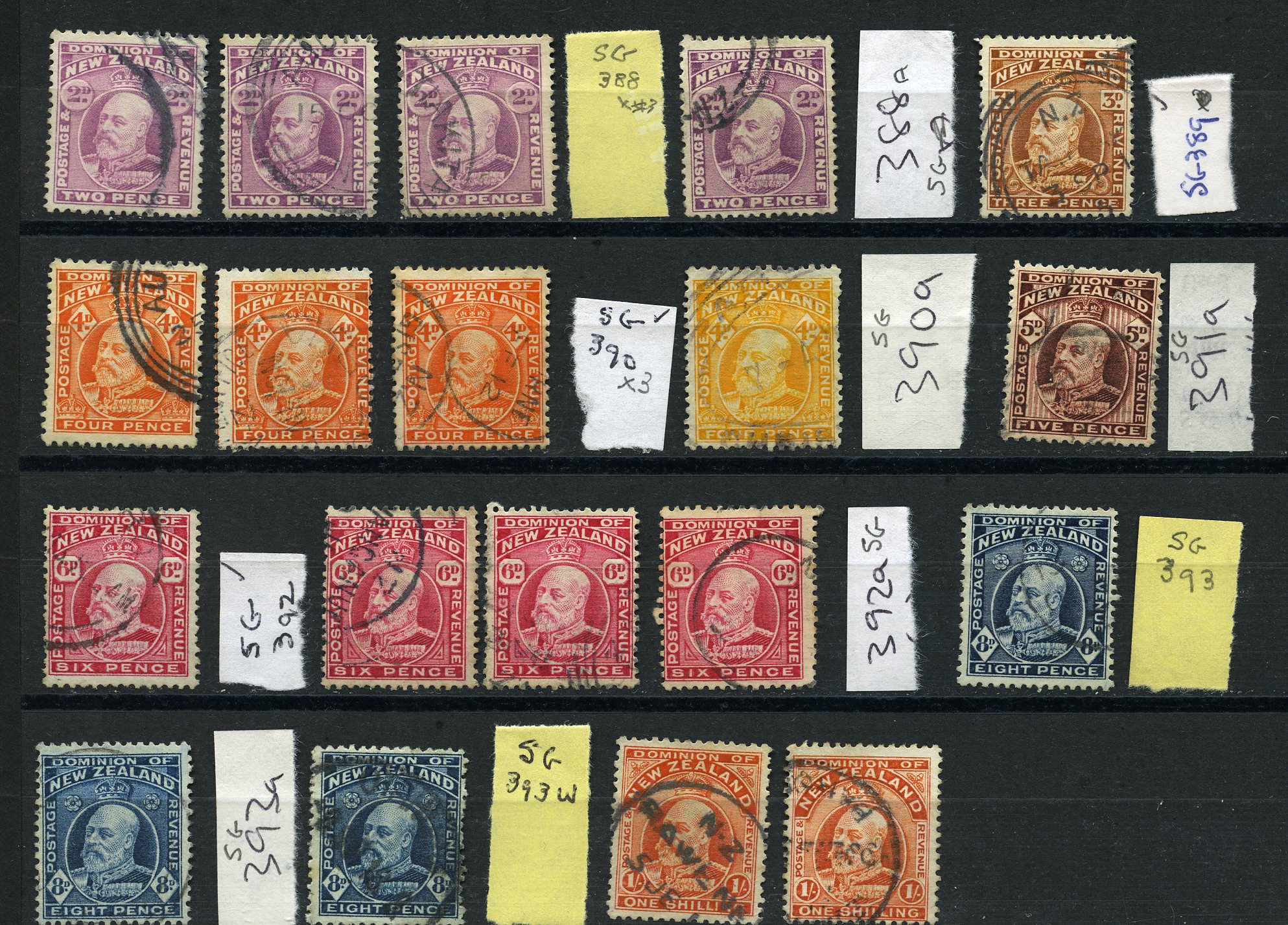 New Zealand 1909-16 Single watermark perf 14 x 14½ (comb) set of 8 with extras.