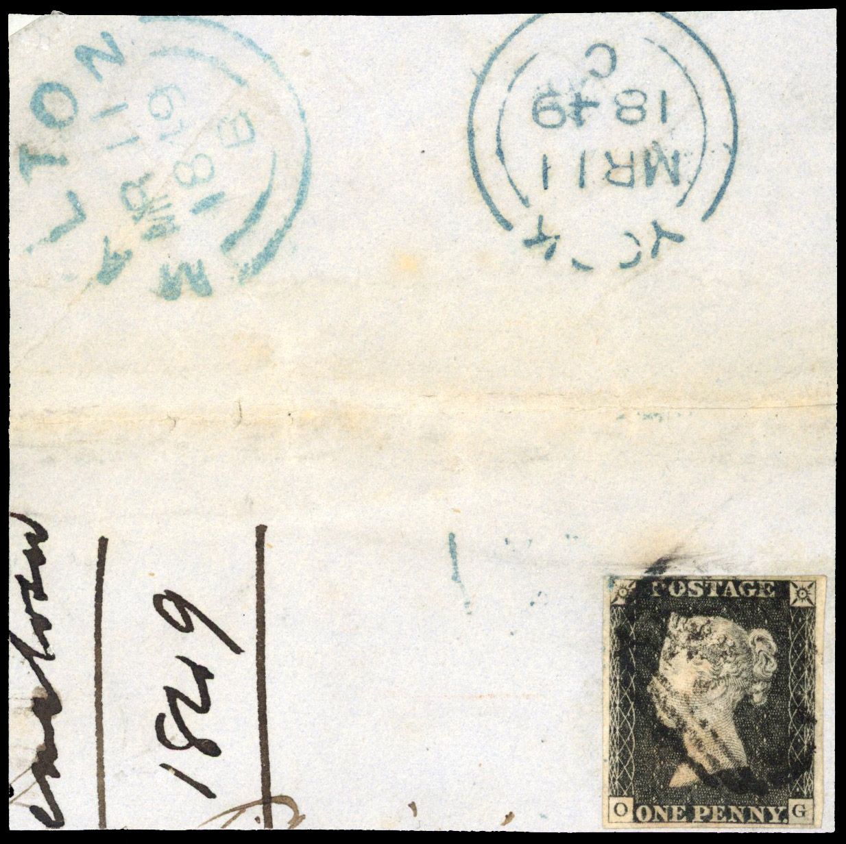1840 1d Black Pl.1b. (OG) Used four margin tied to small piece by crisp 1844 numeral
