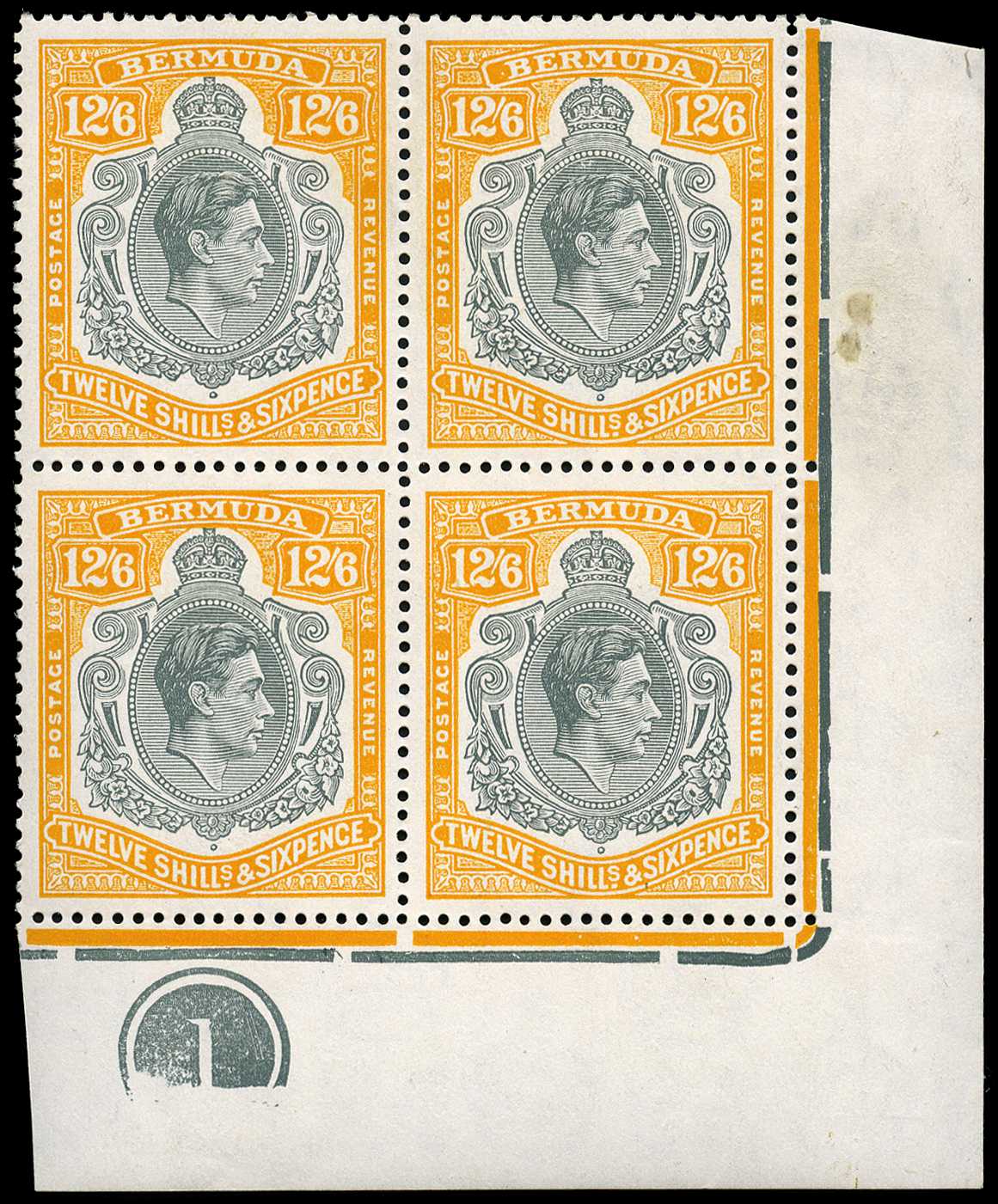 1950 (Aug.) 12/6d perf 13 Plate block of...