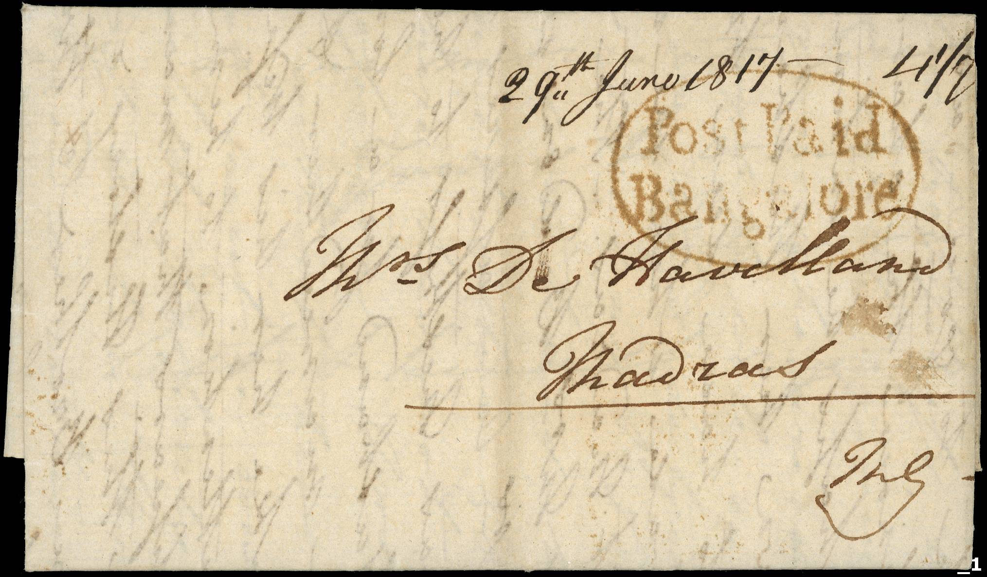 India POSTAL HISTORY: Pre-stamp 1817 entire letter addressed to Mrs De Haviland, Madras