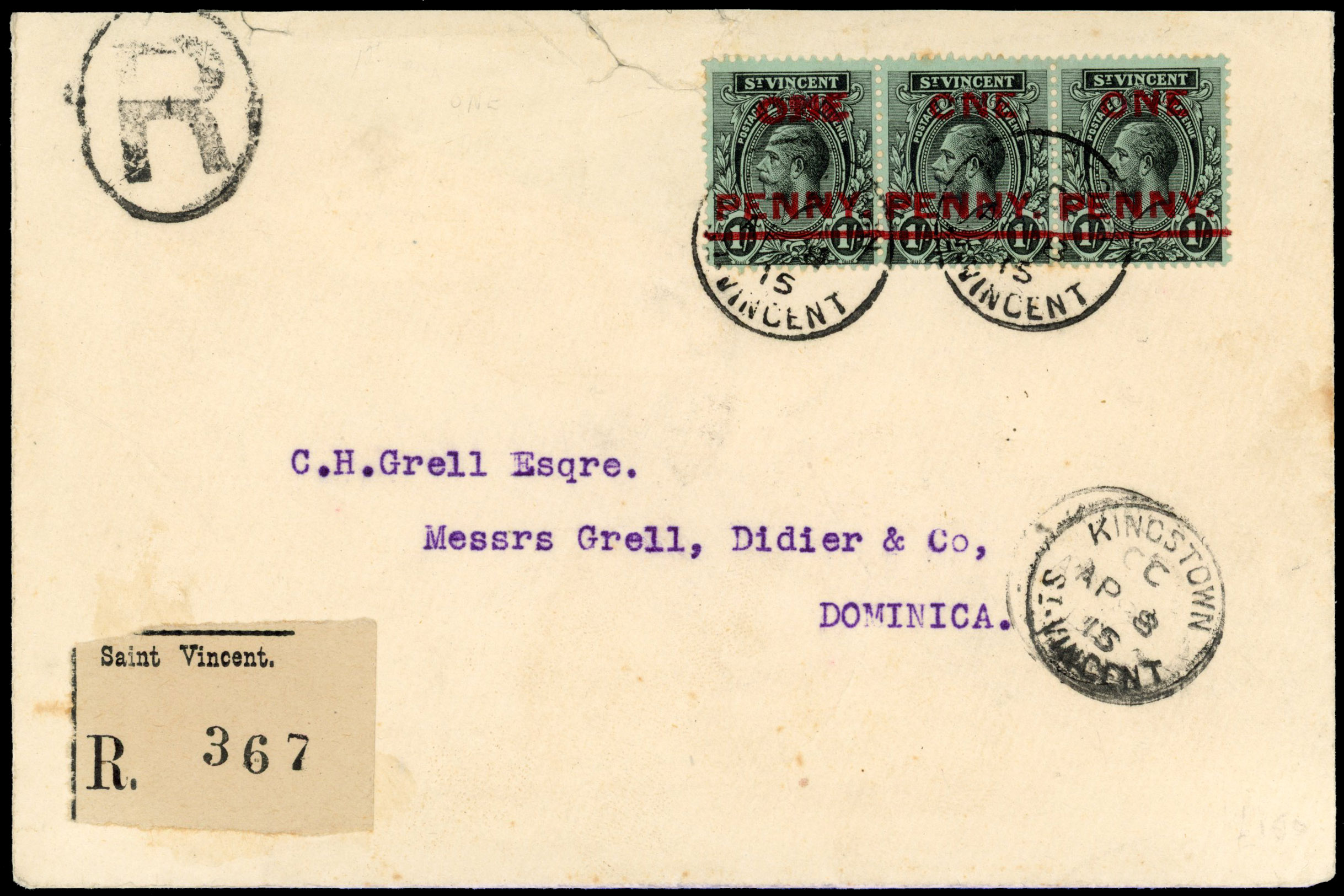 St Vincent 1915 registered cover to Dominica with 1d on 1s ONE double