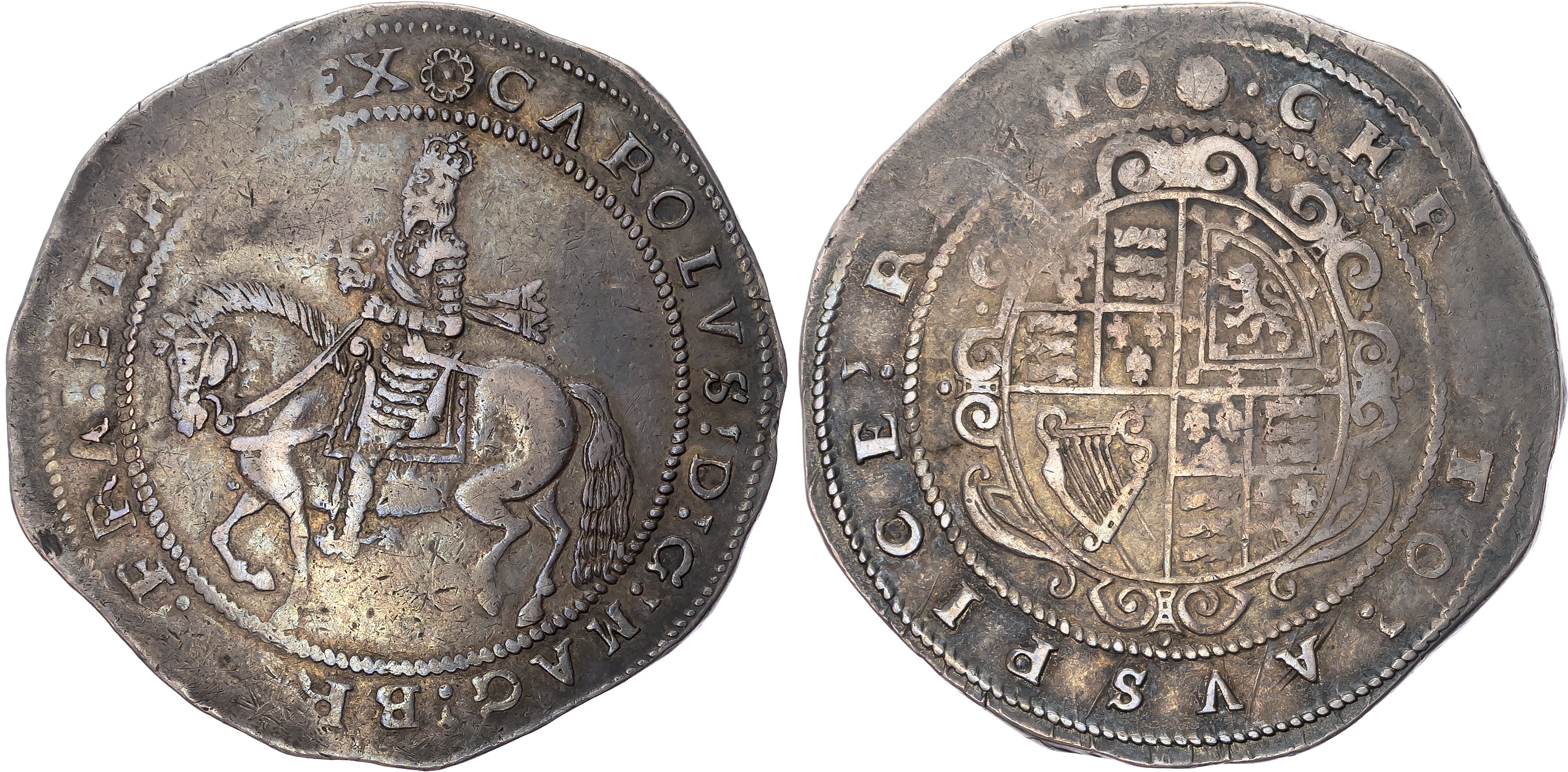 Charles I (1625-1649) Crown, Truro mint (1642-43), mintmark rose. King on horseback left, holding upright sword, flowing…