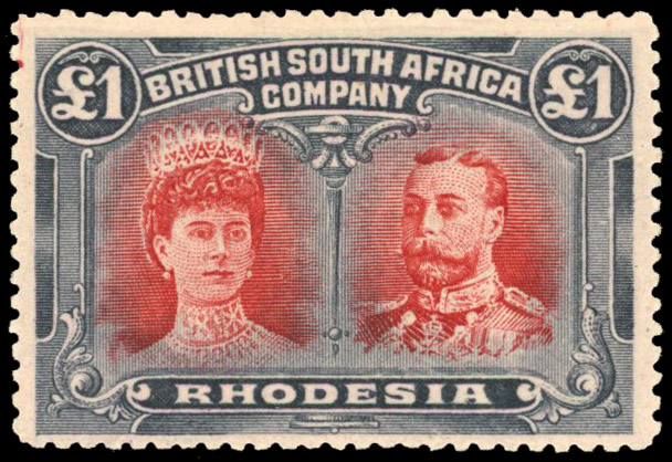 Rhodesia 1910-13 £1 bright scarlet and bluish grey-black perf 14