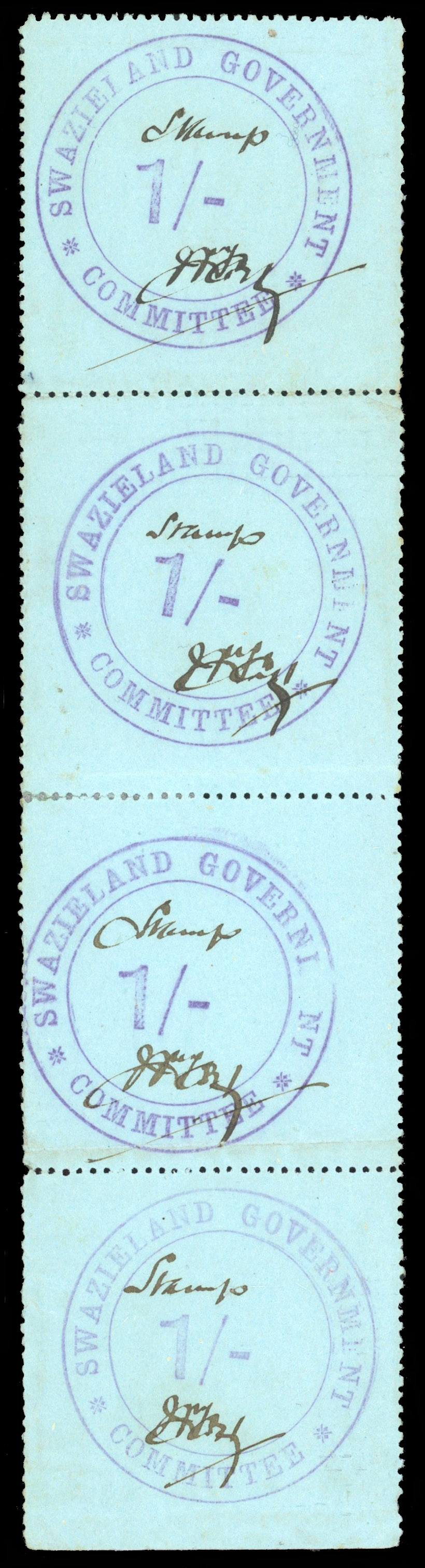 1890 Swaziland 1s blue vertical strip of 4 used. 