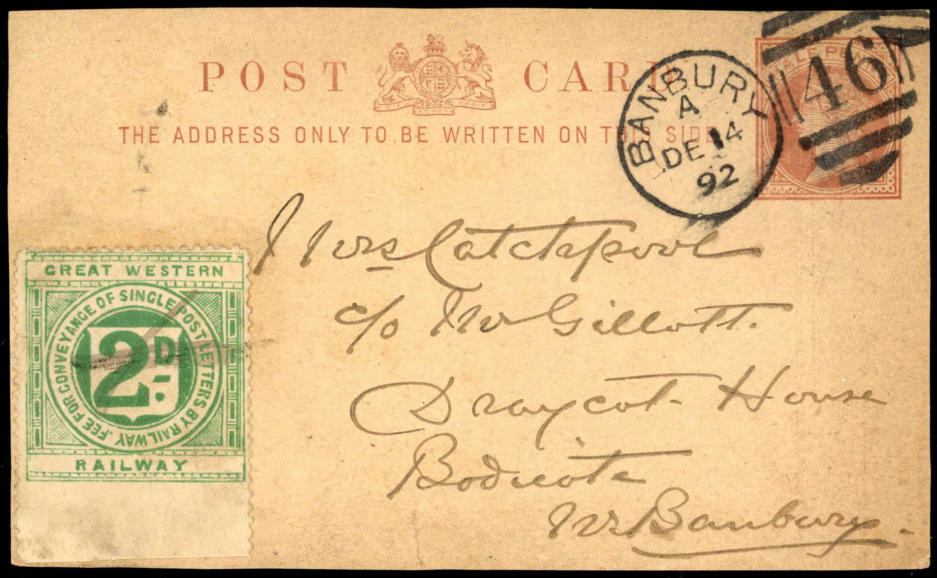 1892 ½d Postcard/Railway letter. Very fine postcard sent from Banbury to Bodicote