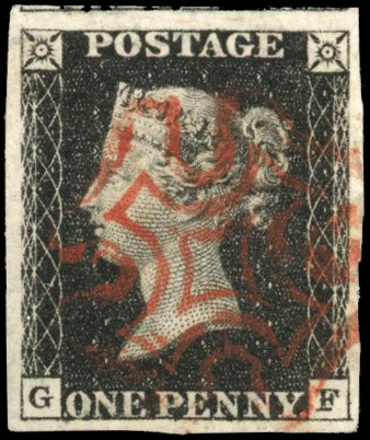 GB 1840 1d black, plate 4 (GF), large to huge margins showing part of next stamp at top, used with crisp red Maltese Cross