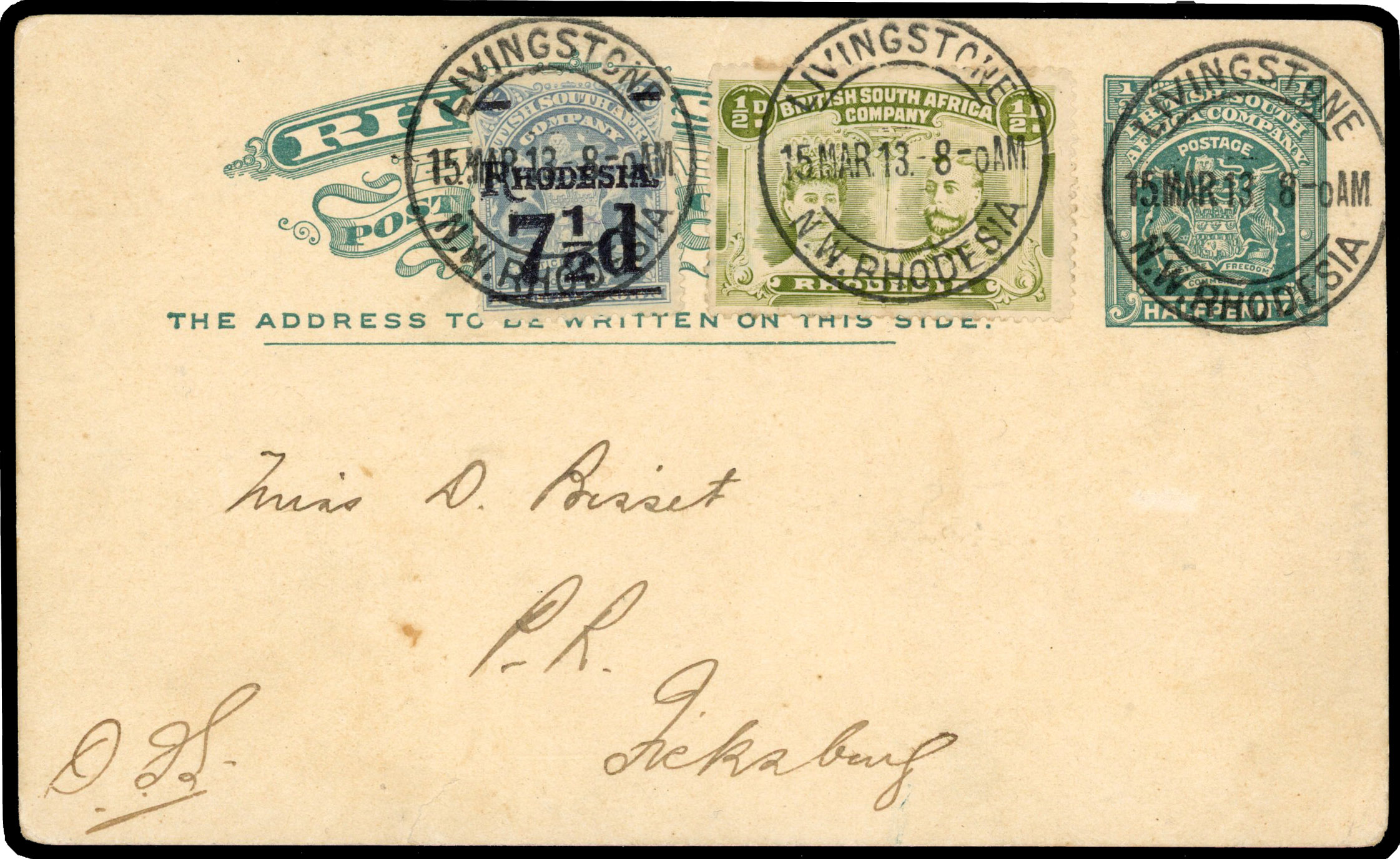 Rhodesia 1913 ½d postcard to Ficksburg