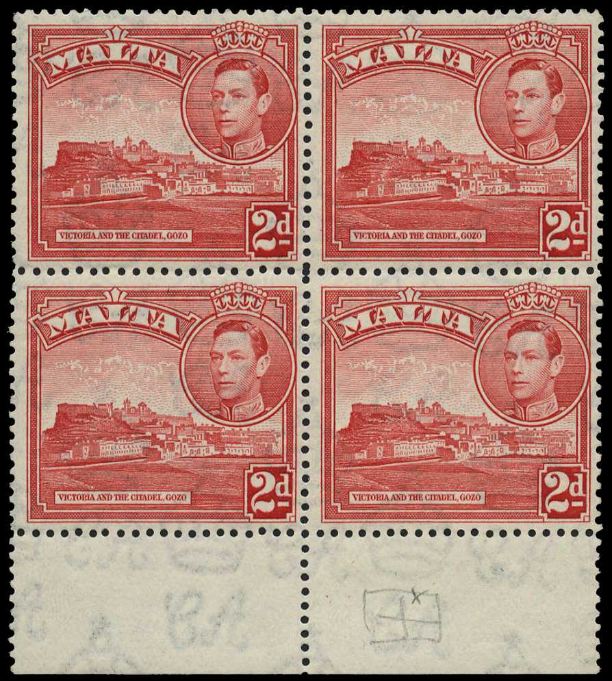 1943 2d scarlet lower marginal block of four,...