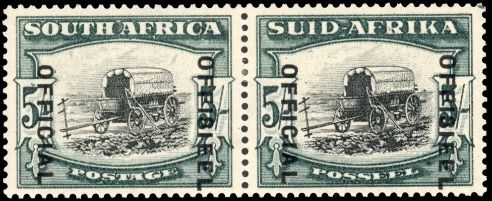 South Africa SG O28a 1940 5/- pair broken yoke-pin mint