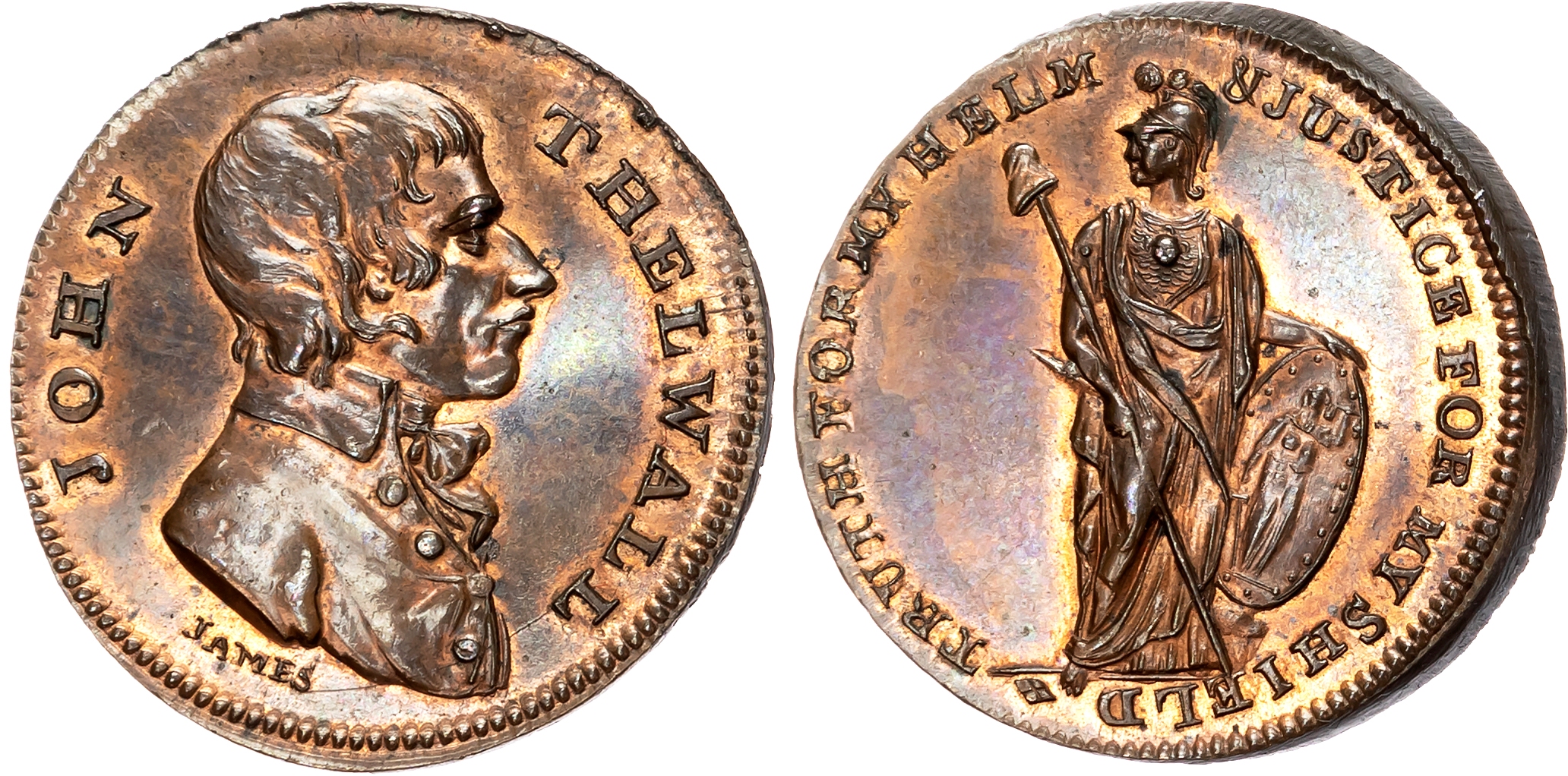 London, High Holborn , Thomas Spence Halfpenny, Bust of John Thelwall, rev. Minerva standing, edge SPENCE DEALER IN COIN …