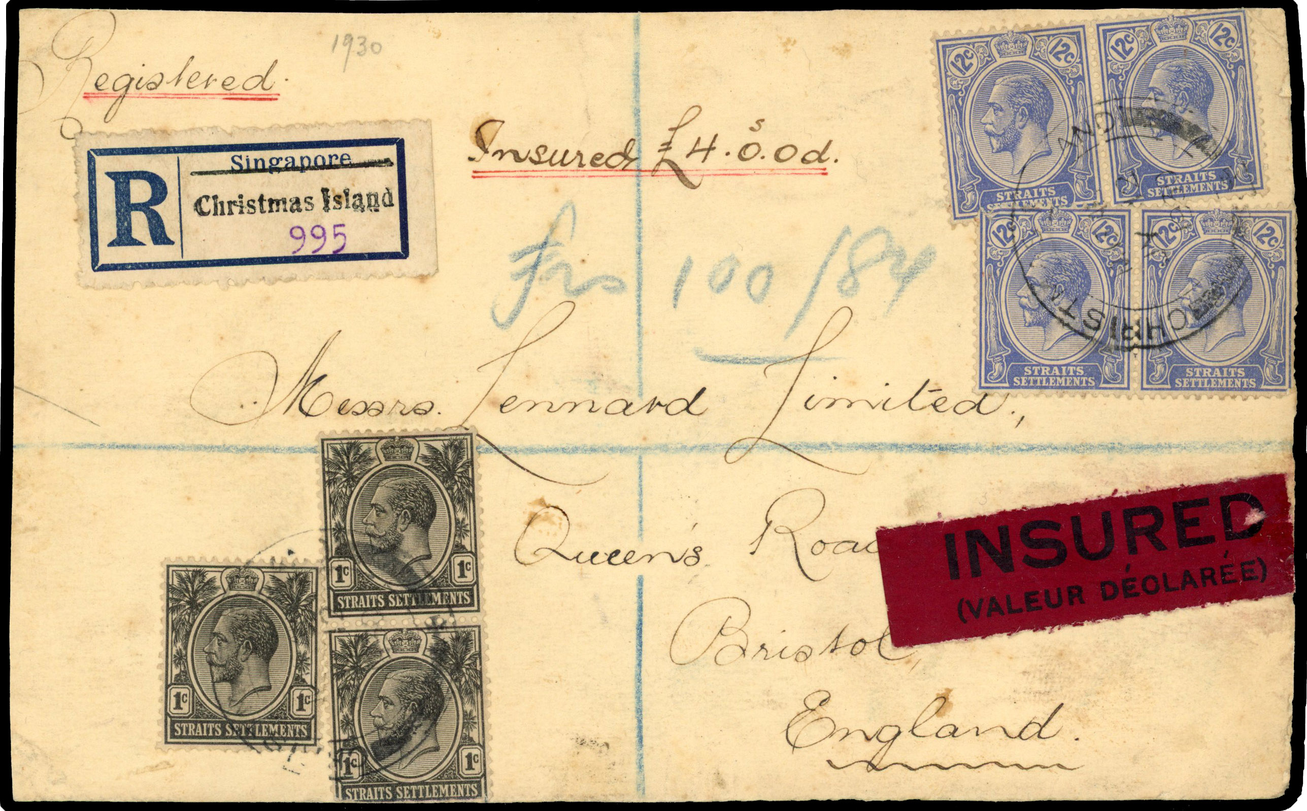 Straits Settlements 1930 registered and insured front from Christmas Island to Bristol