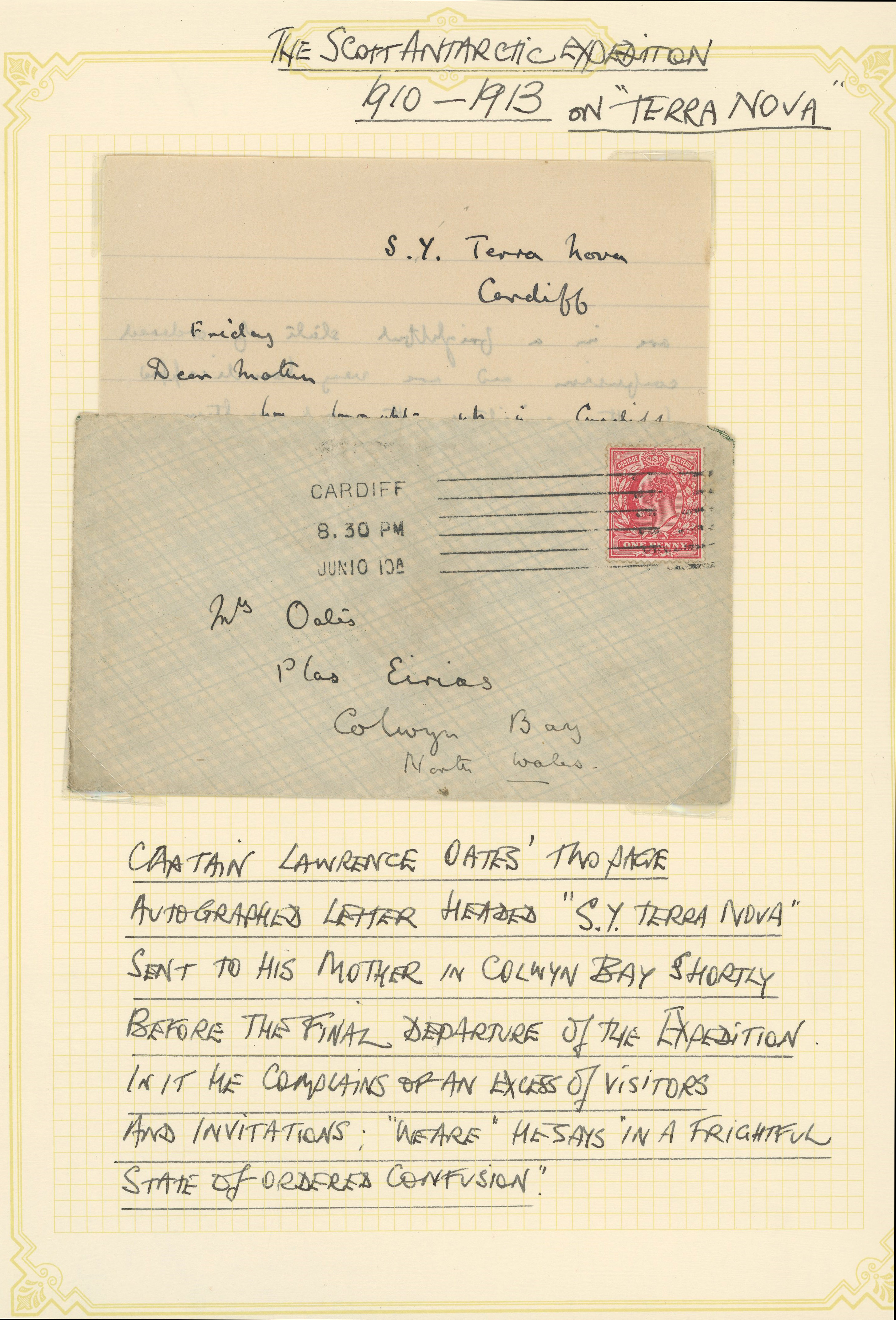 'Terra Nova' Expedition 1910 letter from Lawrence Oates
