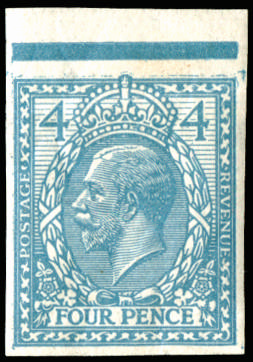 Great Britain 1912 4d Trial of Mr. Eve's Wreath design. Very fine top marginal imperforate exampleprinted Azure bl…