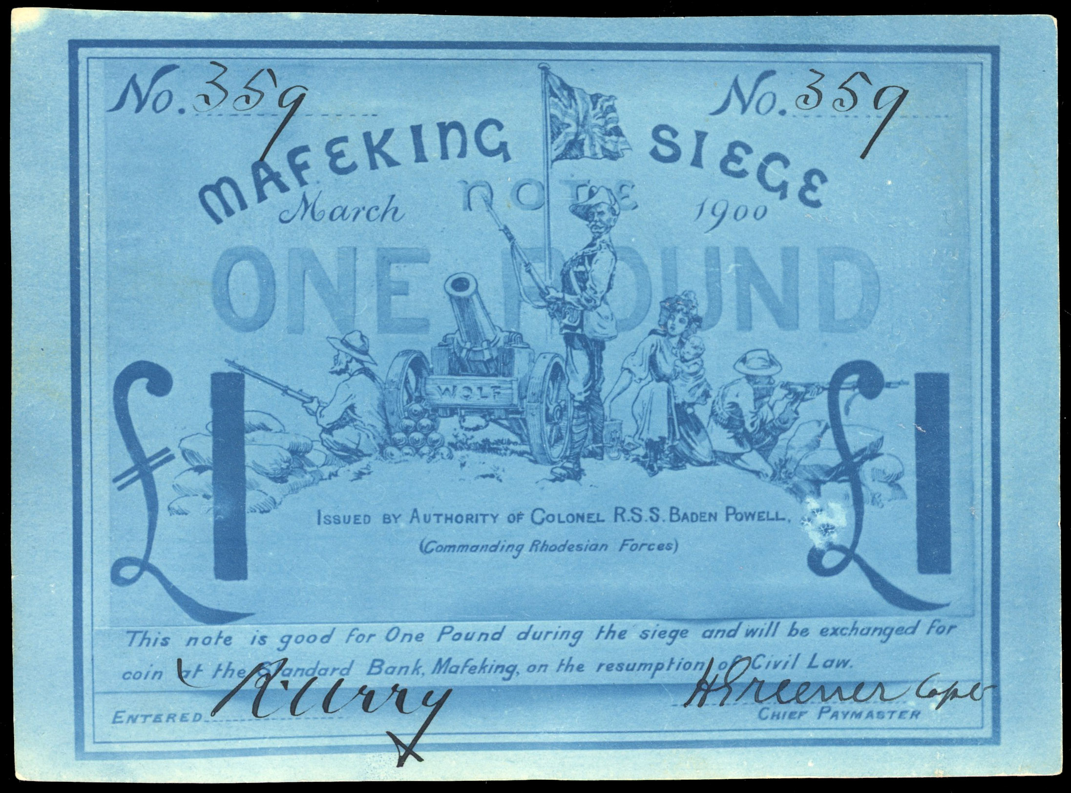Banknotes. Siege of Mafeking £1 blue on white, March 1900, serial number 359, a couple minor bends