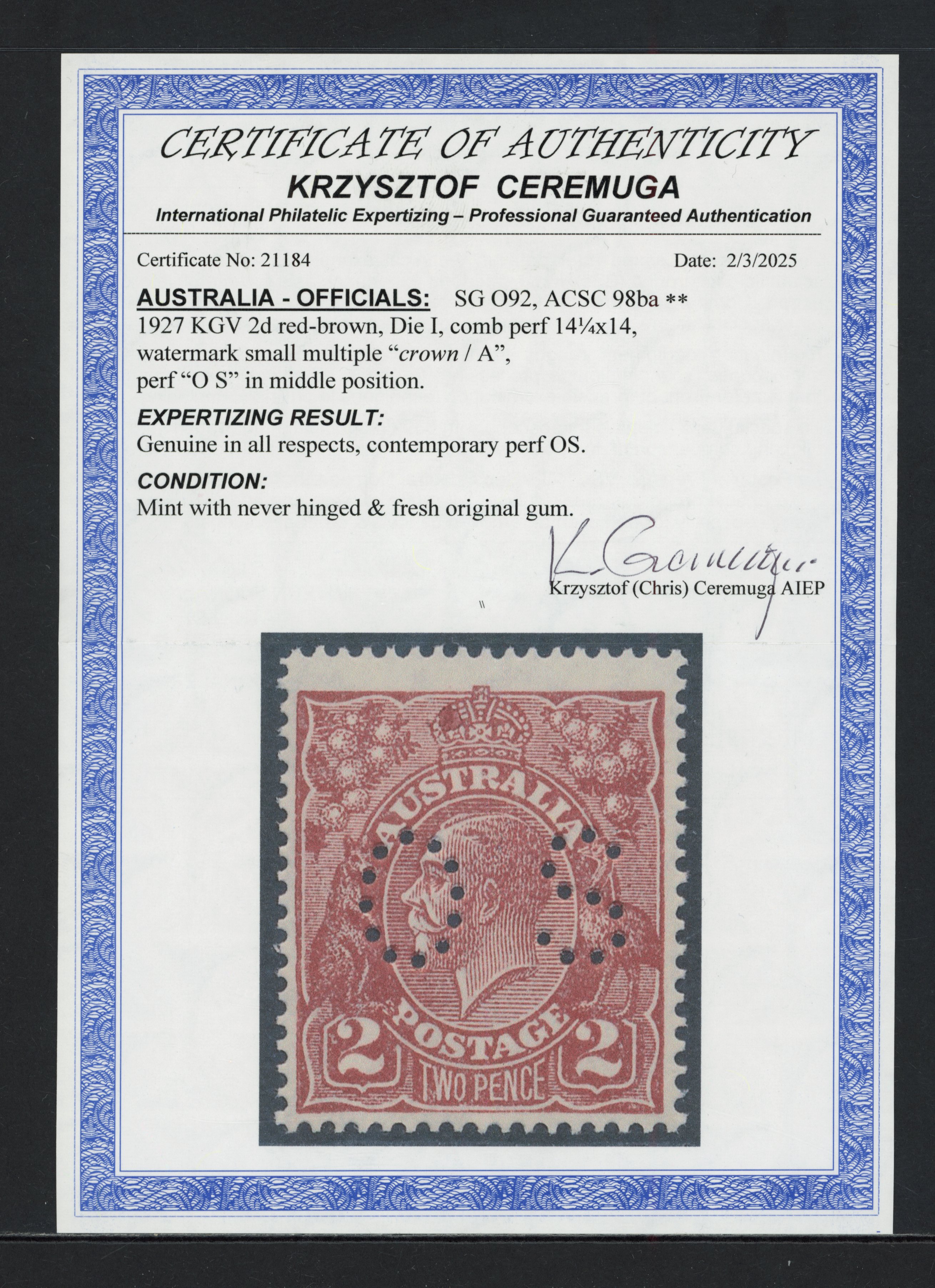 Australia 1926-30 official 2d red-brown die I perf 14