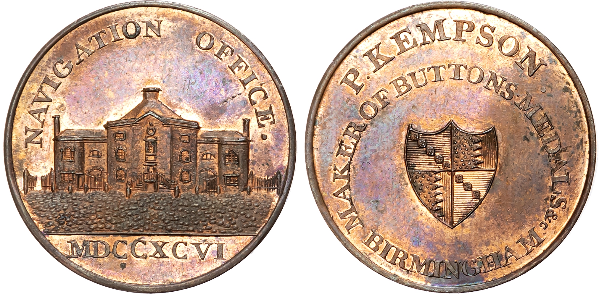 Warks. Birmingham , P Kempson’s Series of Birmingham Buildings, Halfpenny late 1790s, Facade of the Navigation Office 17 …