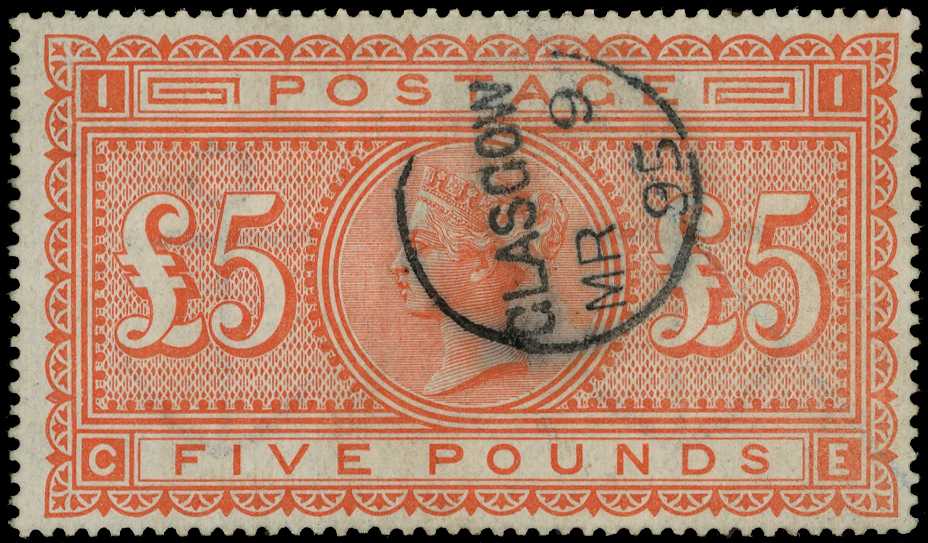 1867-80 wmk Large Anchor £5 orange (CE) on...