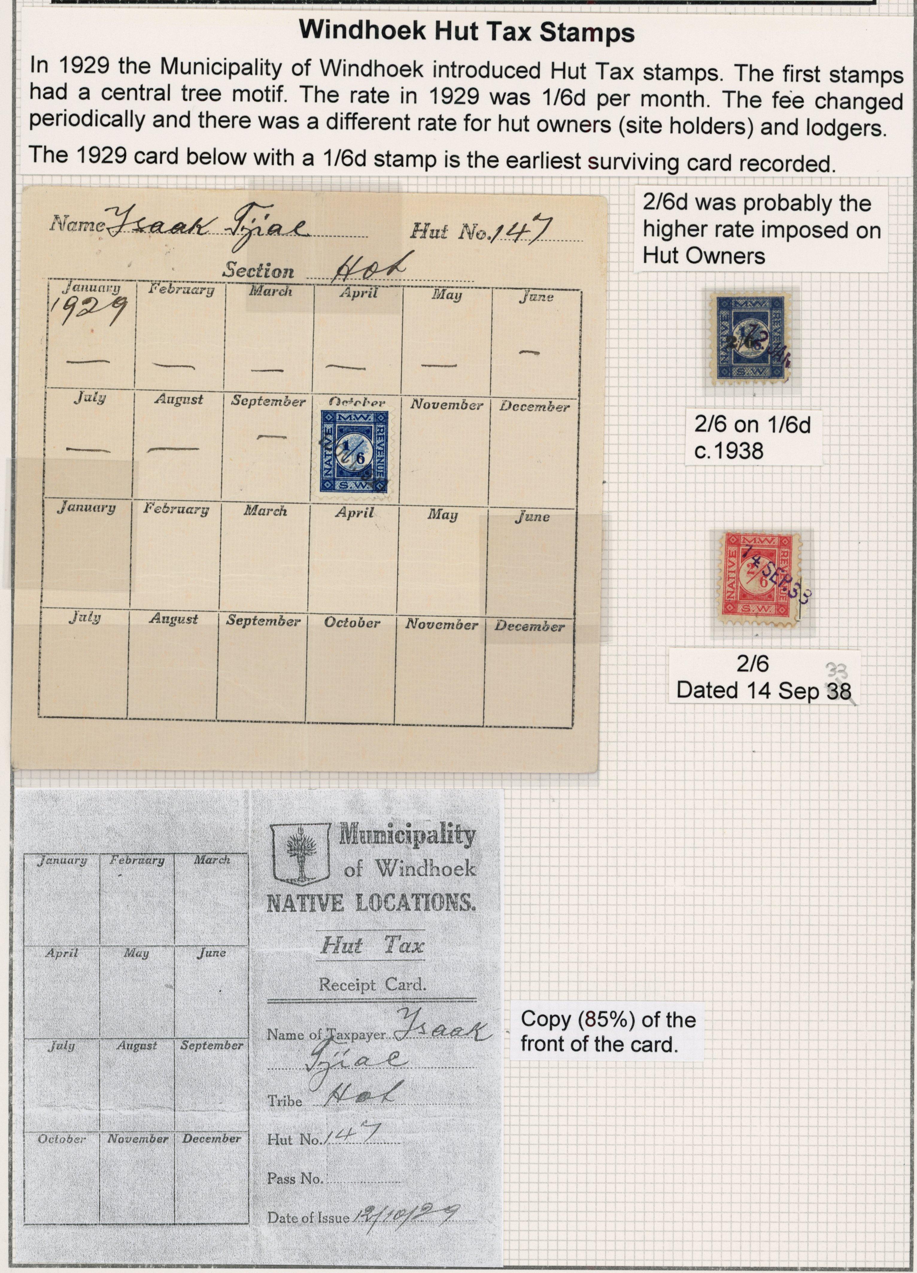 South West Africa. Windhoek Hut Tax.. Aloe Tree design: Oct. 1929 Hut Tax receipt card