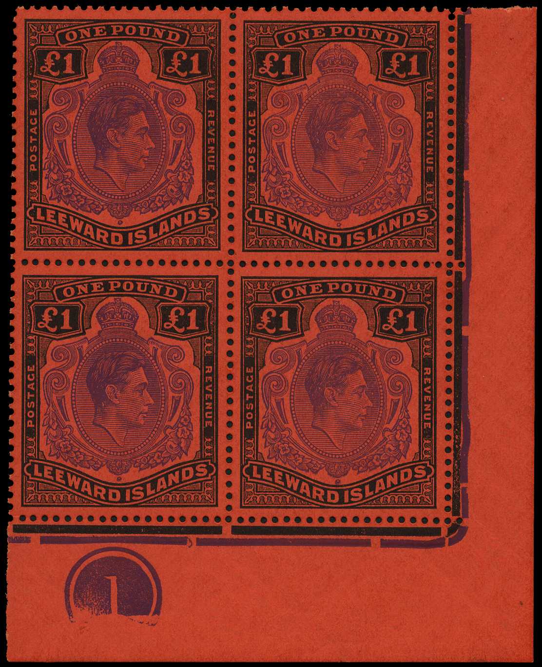 1951 (Dec.) £1 perf 13 Plate block of...