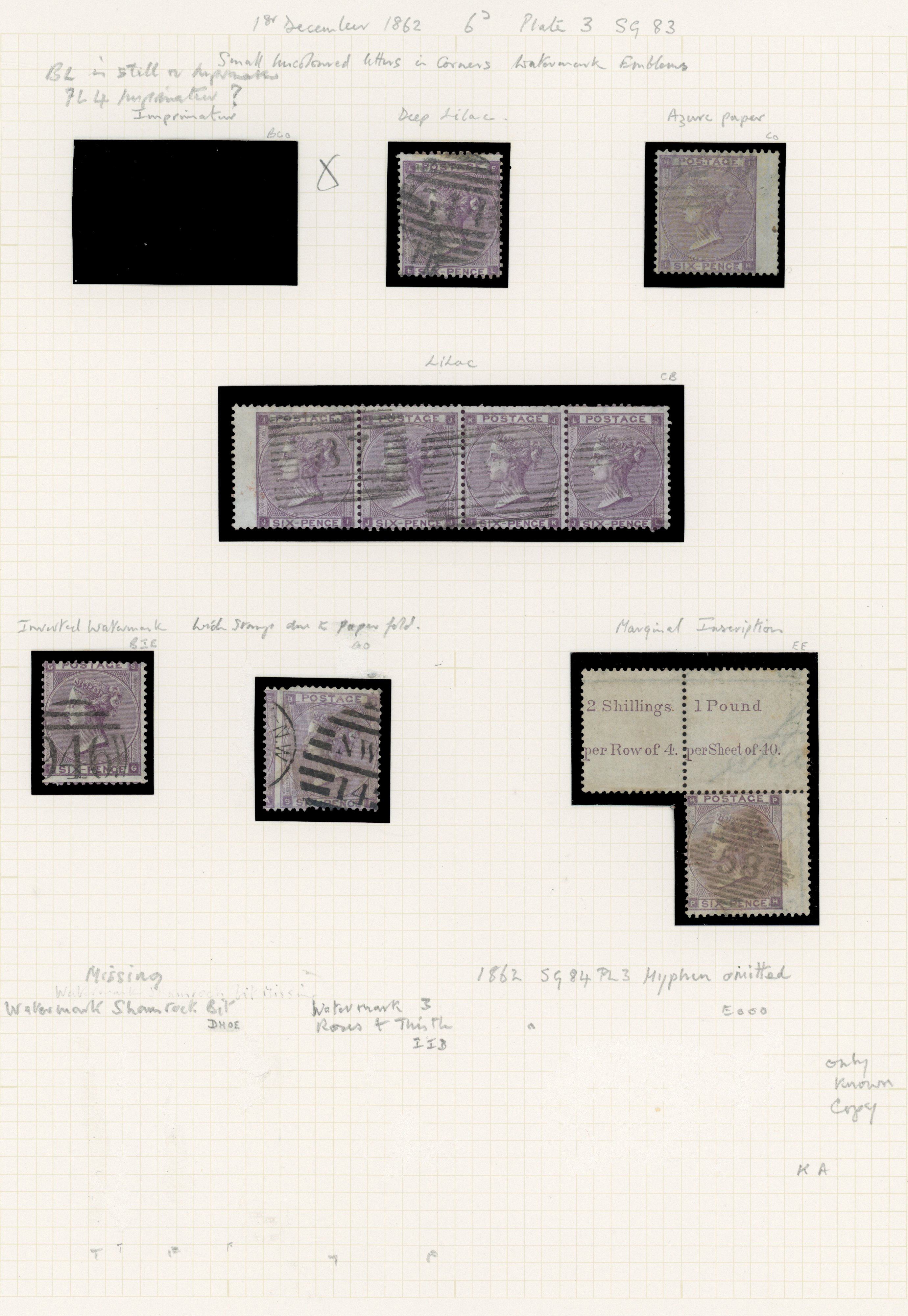 1862 6d Lilac Pl.3 without hairlines (SG83/84, Wmk. Emblems