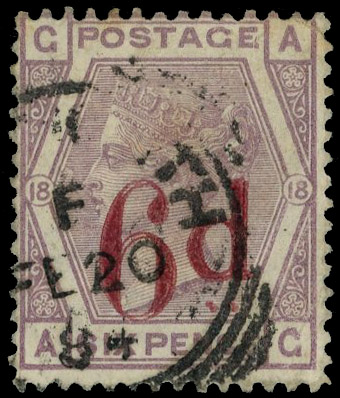 1883 6d on 6d Lilac Pl.18. Fine used example lettered AG showing the variety ‘Surcharge overprint double’, cancelled by …