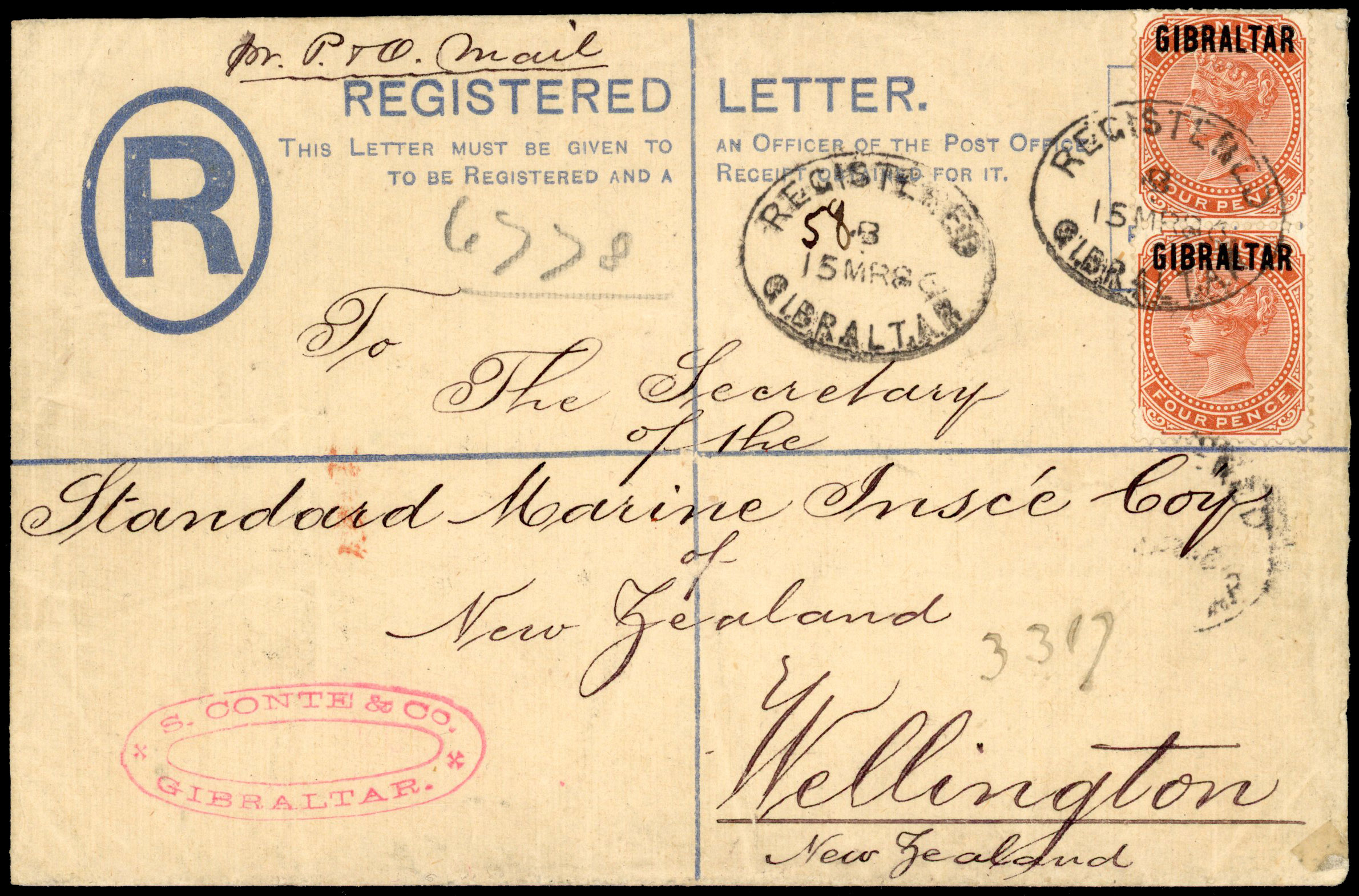 Gibraltar 1886 registered postal stationery envelope to New Zealand