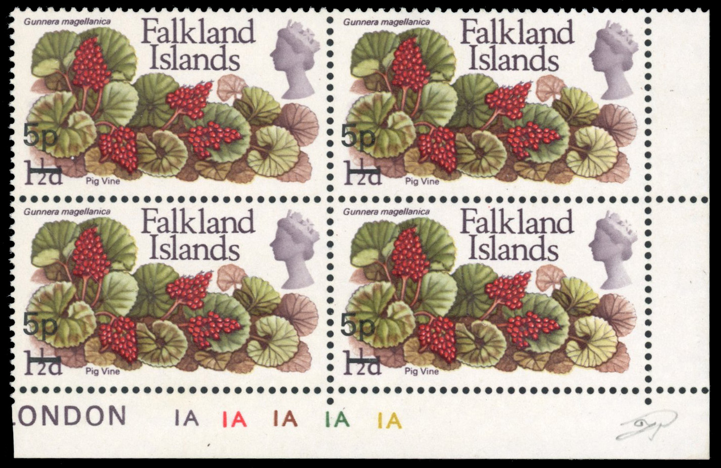 Falkland Islands SG 264a 1971 5p on 1½d surcharge error cylinder block mint