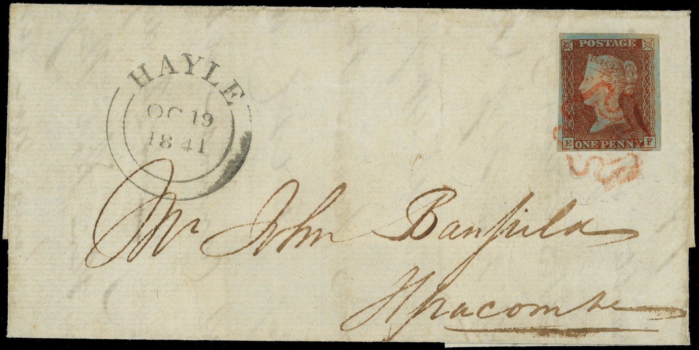 1841 1d Red-brown Pl.11 (Black Plate). Red MC part entire...