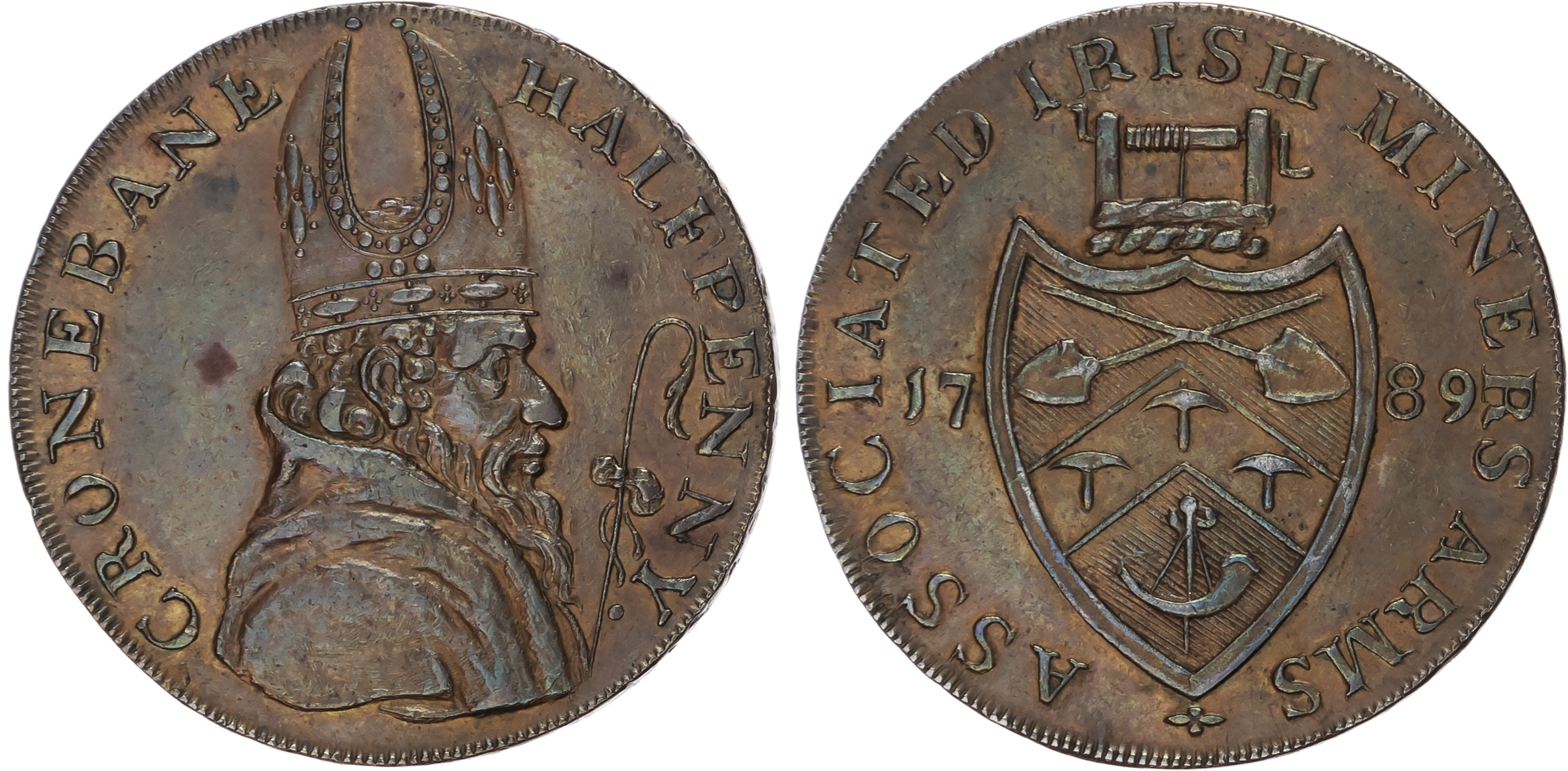 Co. Wick. Cronebane , Associated Irish Mine Co. Halfpenny 1789, Bishop’s head (St. Patrick) right with crozier…