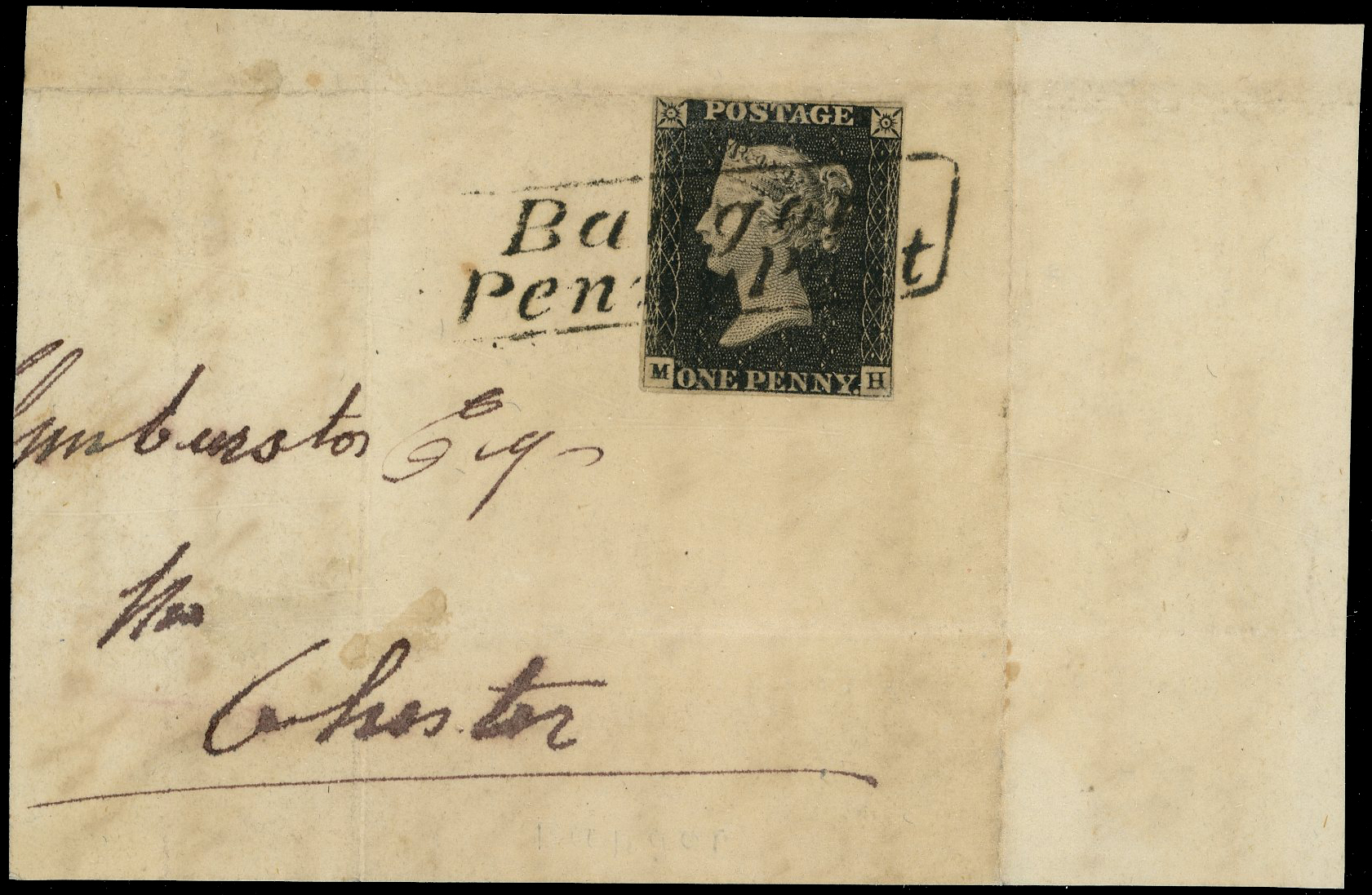 1840 1d Black Pl.3. (MH). on Piece Bangor Penny Post H/S