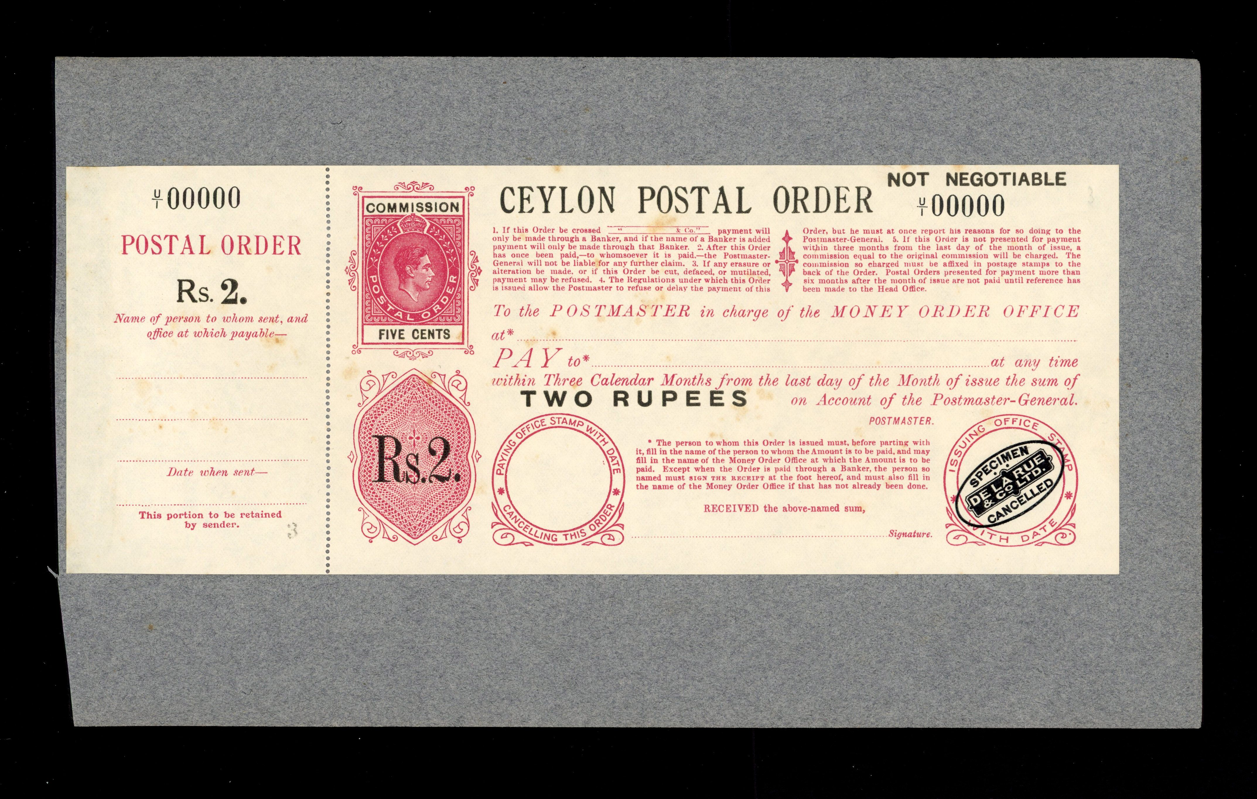 Ceylon 2r Postal Order De La Rue Proof