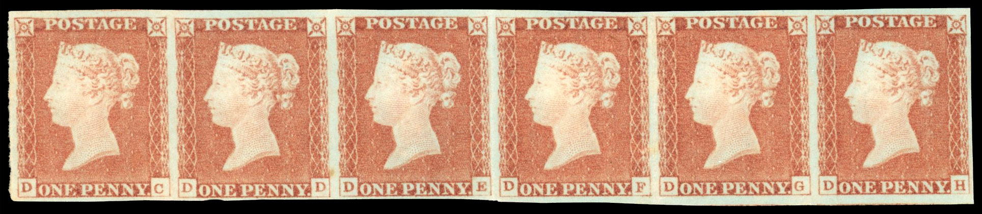 SG 9 1841 1d red-brown Plate 68 strip of six mint