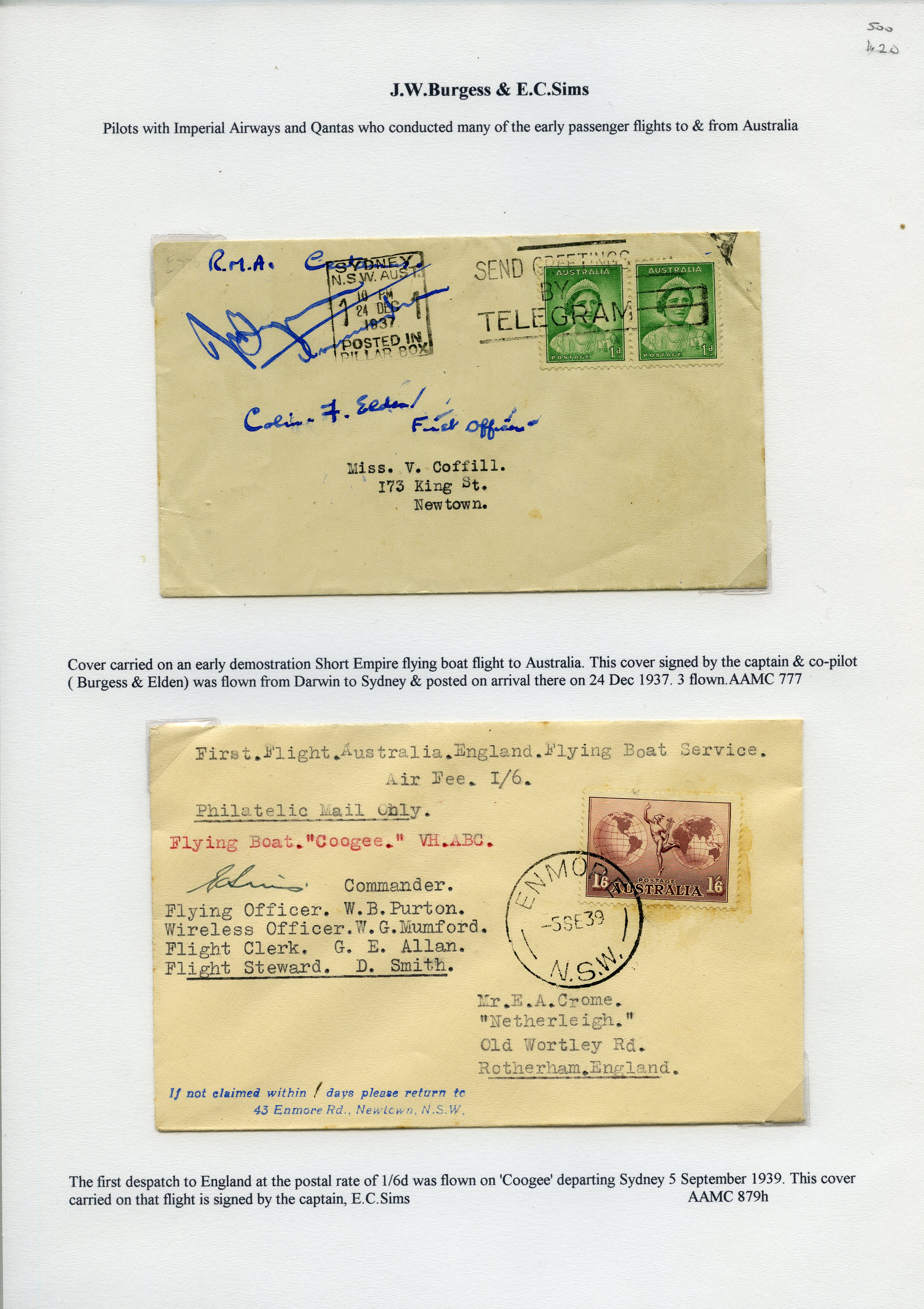 AUSTRALIAN FLIGHT COVERS: 1937-39 pair of...