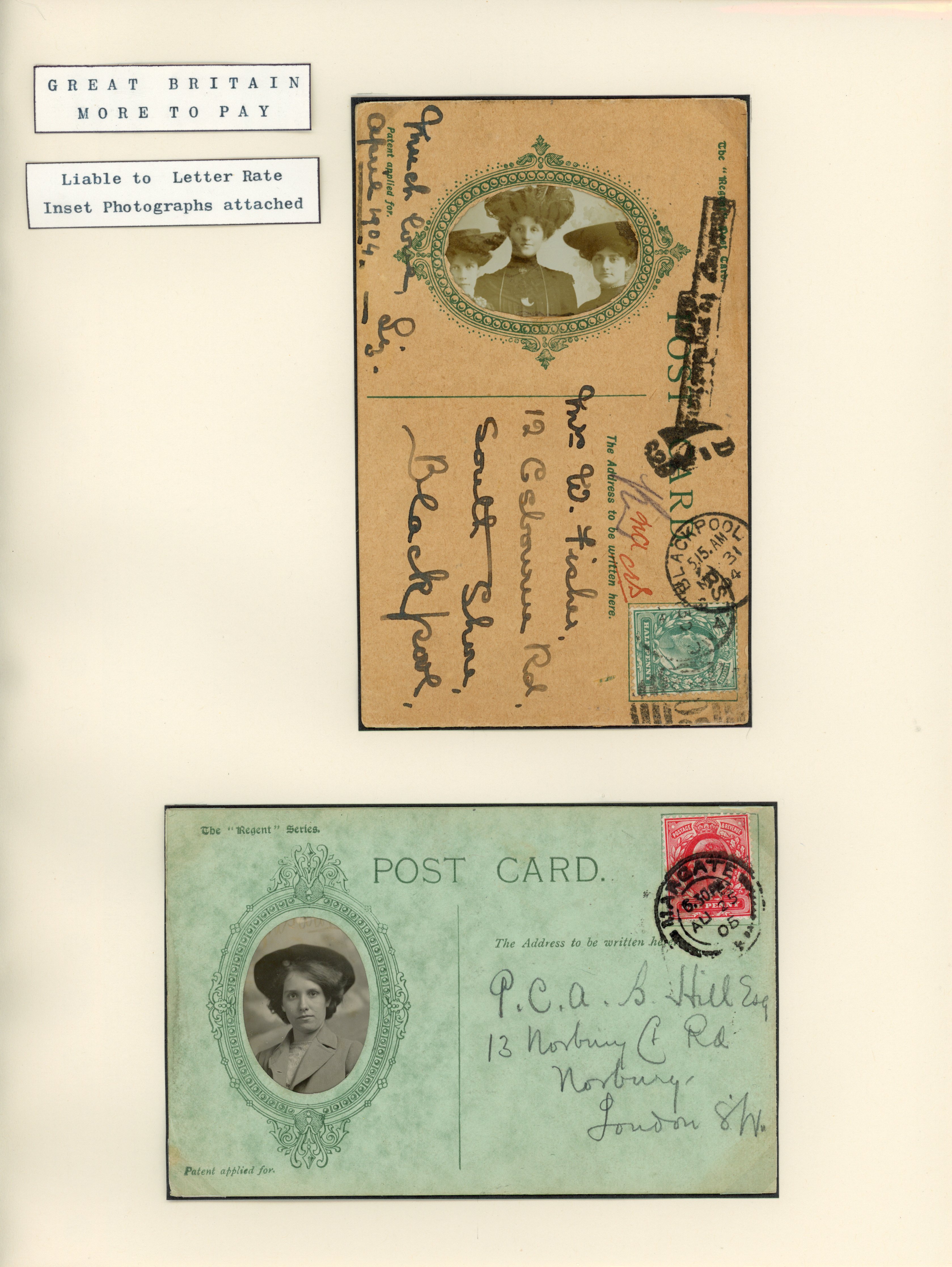Great Britain 1904-05 pair of novelty postcards with inset photographs