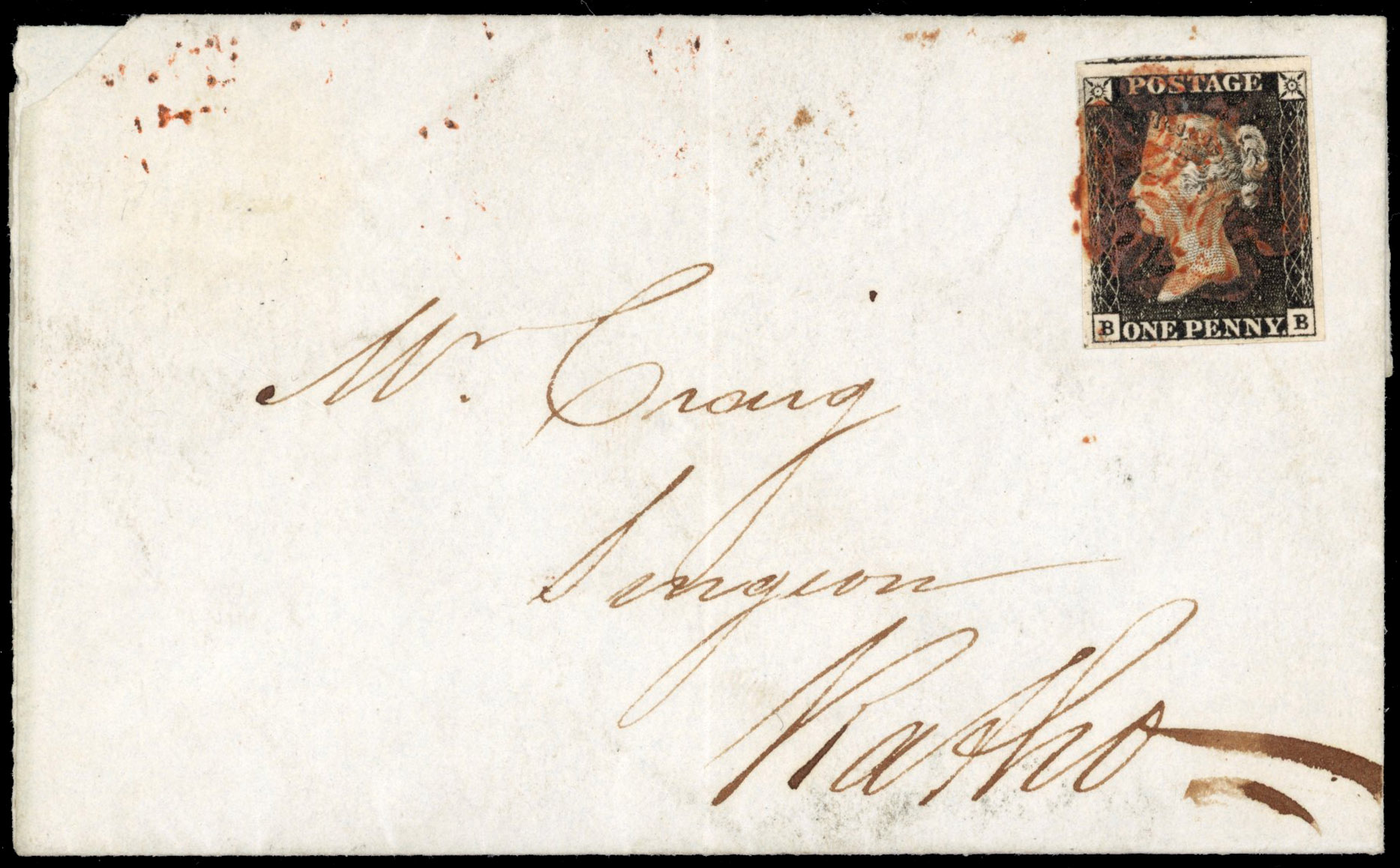 GB: POSTAL HISTORY: 1840 1d black, plate 1A (BB), on cover to Ratho