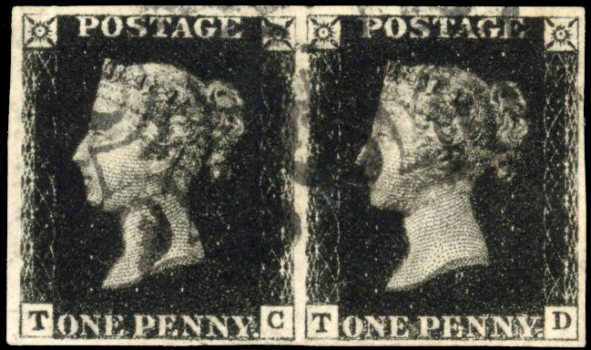 GB 1840 1d intense black, plate 5 (TC-TD) horizontal pair used