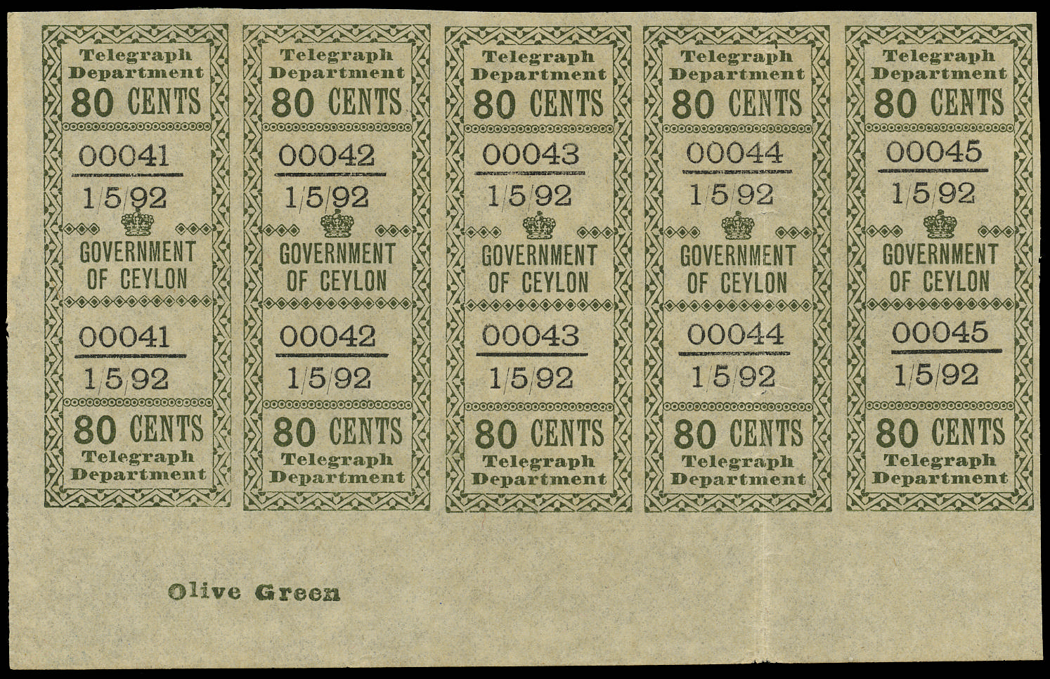 CEYLON 1892 SG T130 var Telegraph 80c olive-green local with unissued date