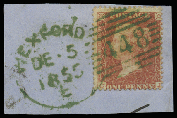 SG29var 1855 1d Red brown Pl.11 green Wexford spoon cancel
