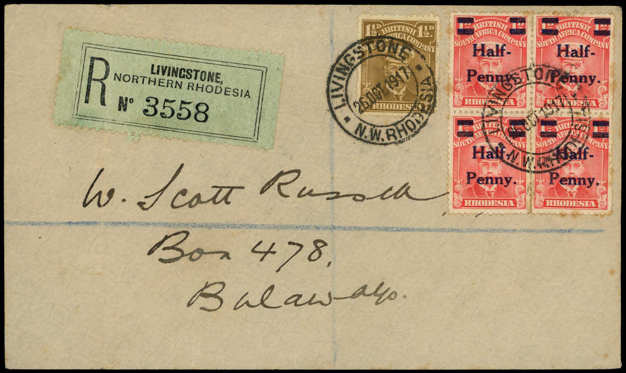 1917 registered envelope to Bulawayo bearing...