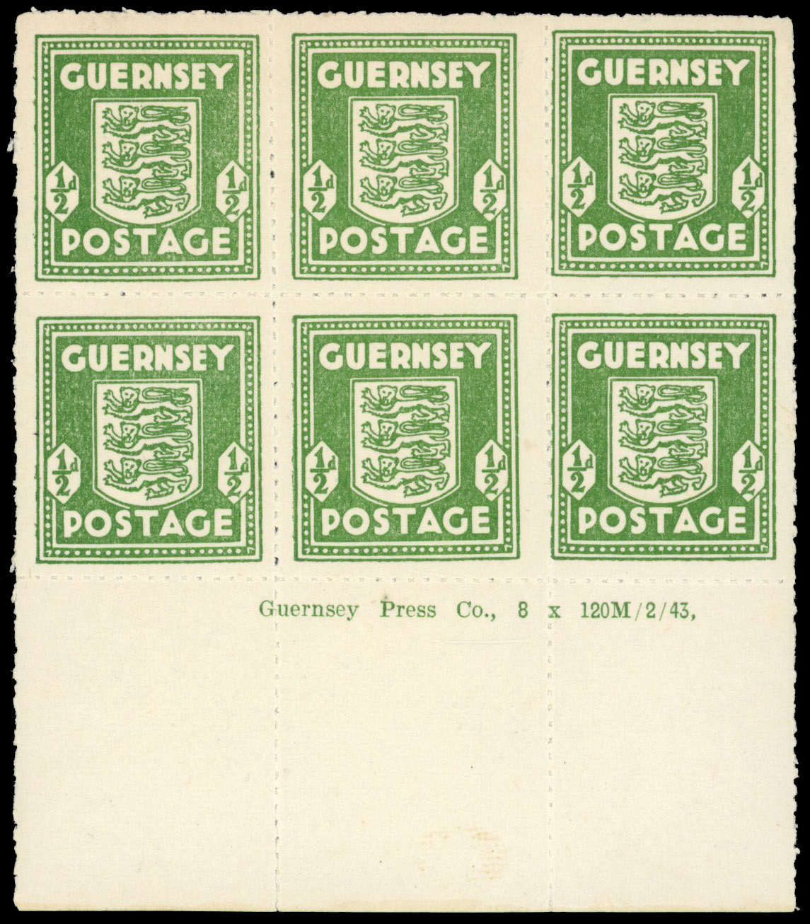 1943 Guernsey ½d Olive-green mint Imprint block 6, 8th printing