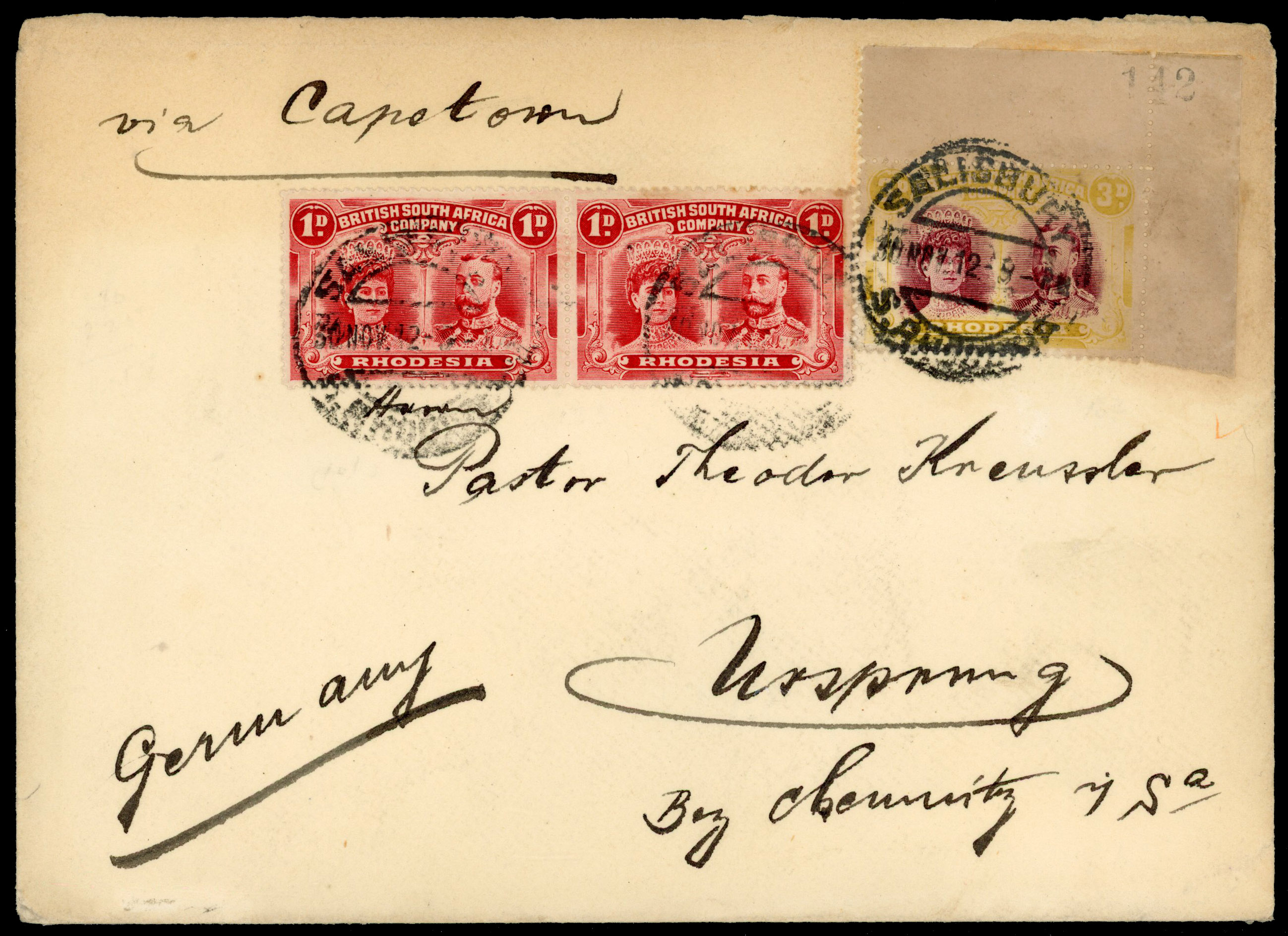Rhodesia 1912 cover from Salisbury to Germany