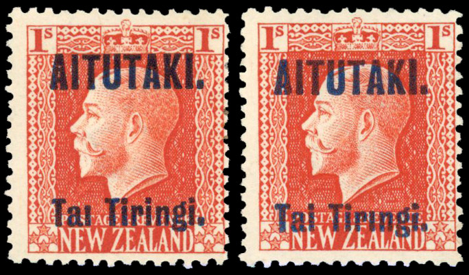 Cook Islands Aitutaki 1916017 1s perf 14x14½ var Tai no dot and Tiringi no dot