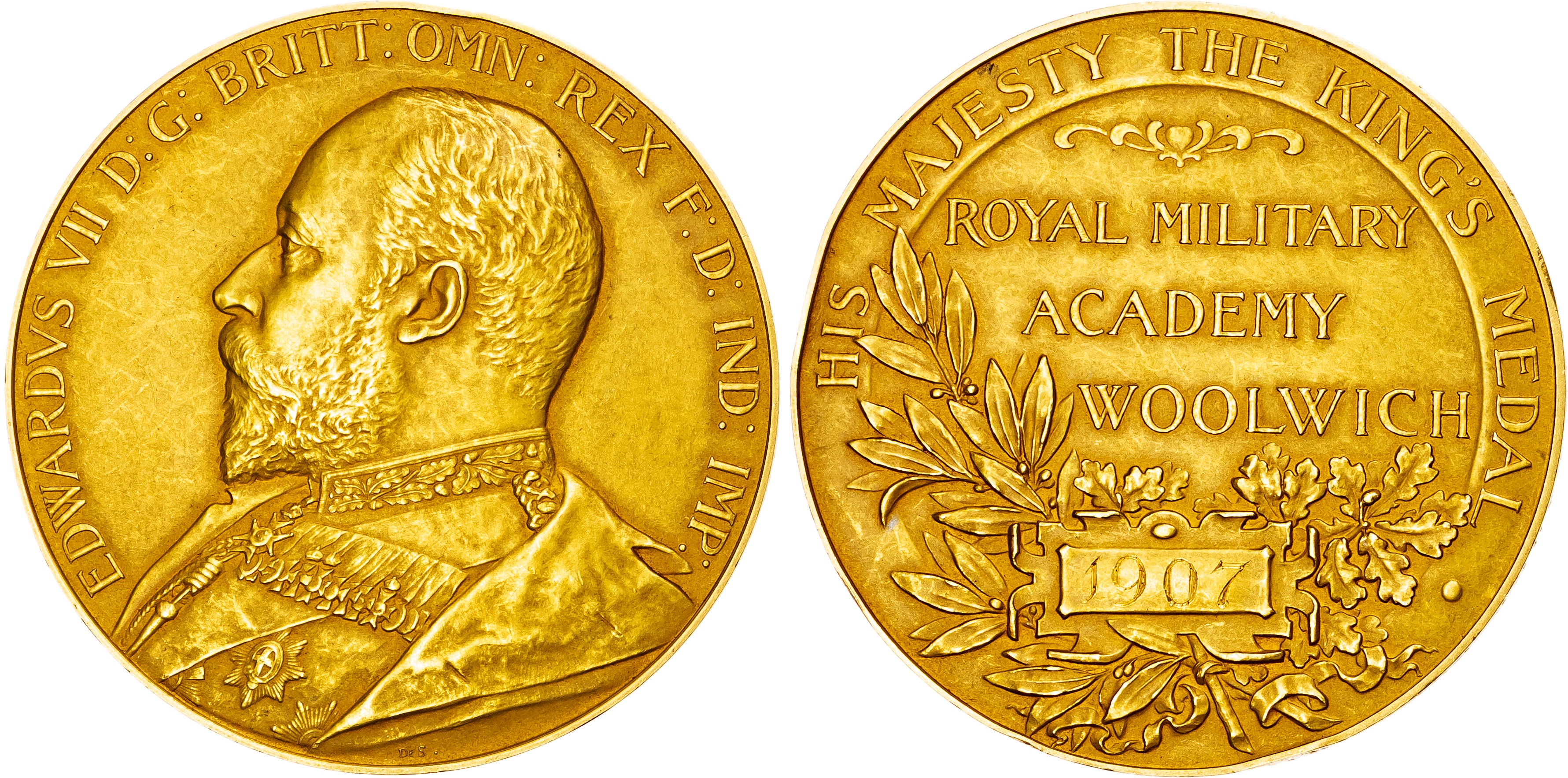 Edward VII (1901 – 1910), The King's Medal 1907, The Royal Military Academy, Woolwich.  Gold, award medal 1907.