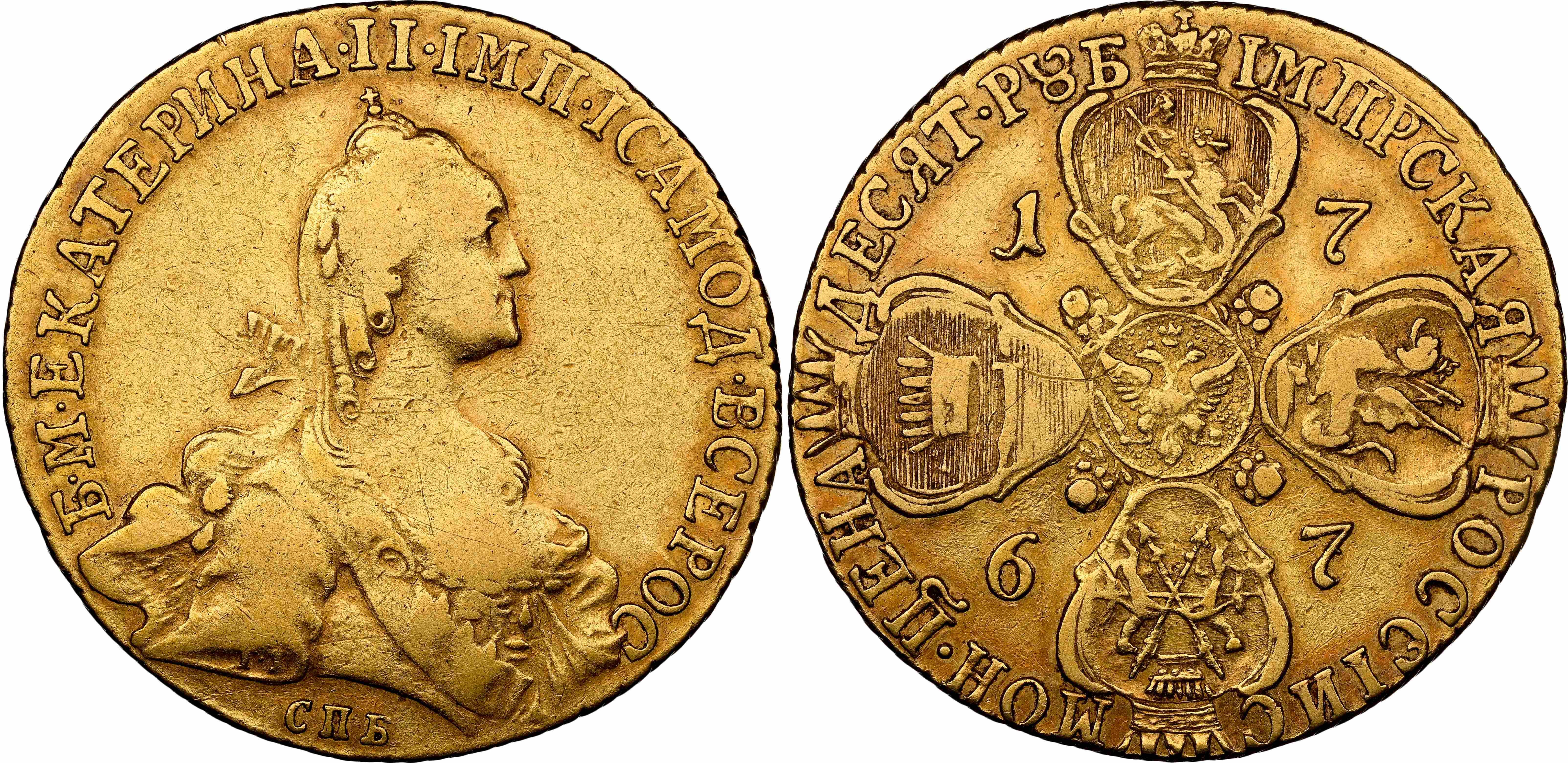 Russia , Catherine II the Great (1762-1796), gold 10 Roubles, 1767/6 СПБ, St. Petersburg (Bit. 15 – overdate n…