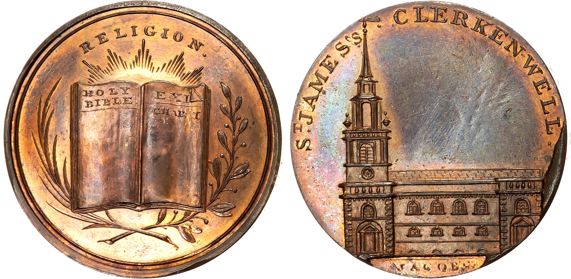 London, Clerkenwell, Skidmore’s ‘London Church Series’ Halfpenny, [late 1790s],  St. James’s Church rev . Open bible, 27 …
