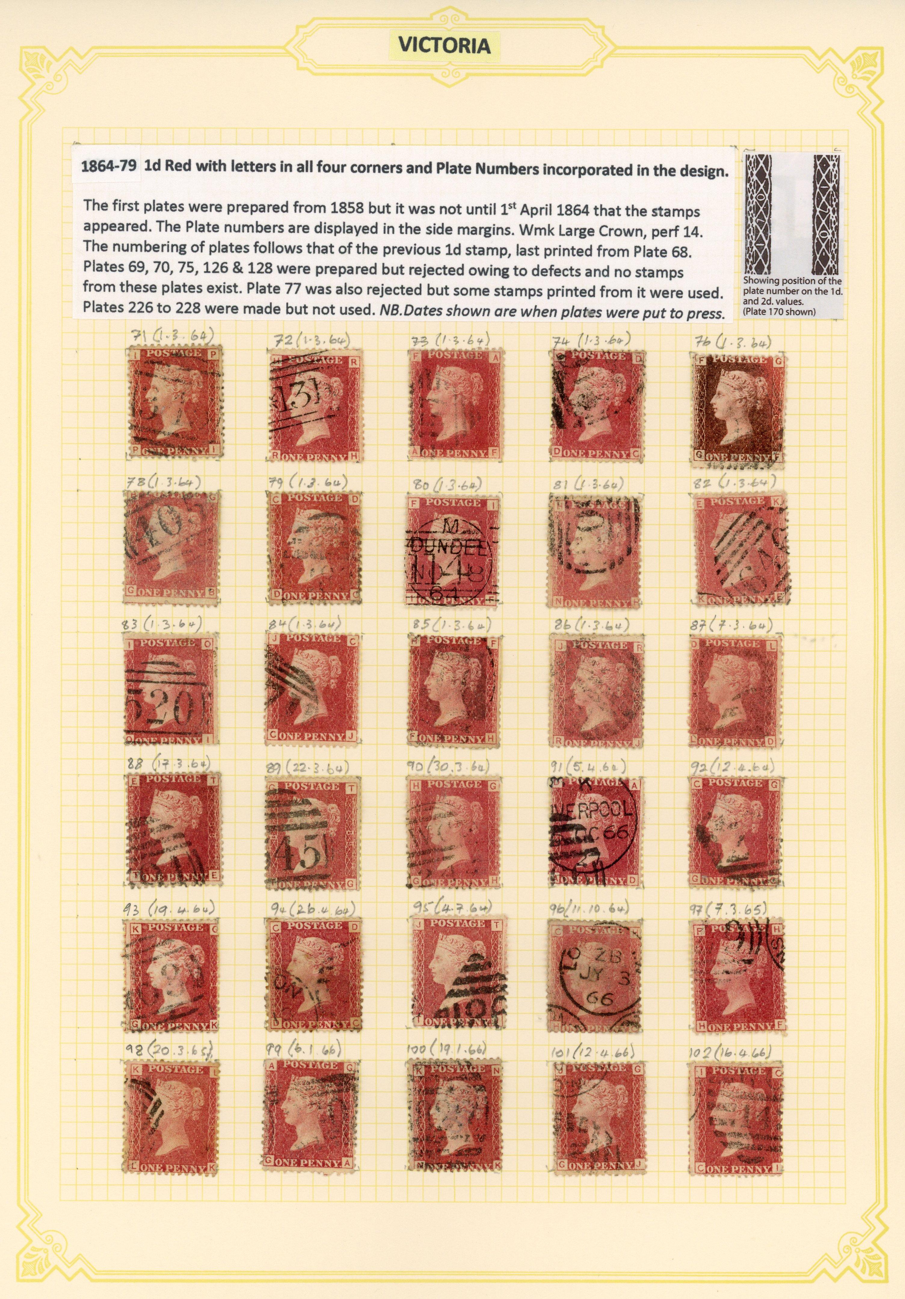 1864-79 1d red, plates 71 to 225, neatly arranged on album leaves