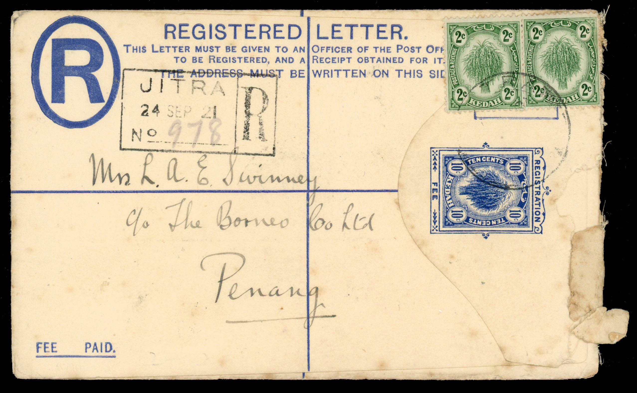 POSTAL HISTORY: 1921 10c blue registered stationery envelope (size G) to Penang uprated with 2c 