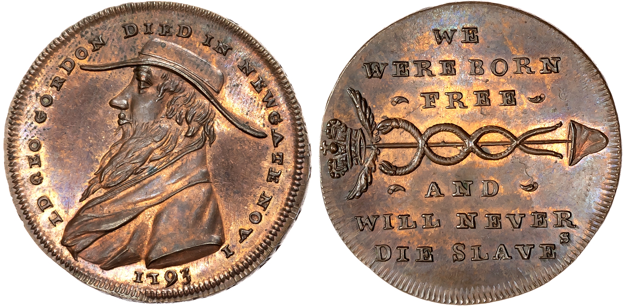 London , Holborn, Thomas Spence Halfpenny (1793), Draped bust left of Lord George Gordon, rev. caduceus within 6-line le …