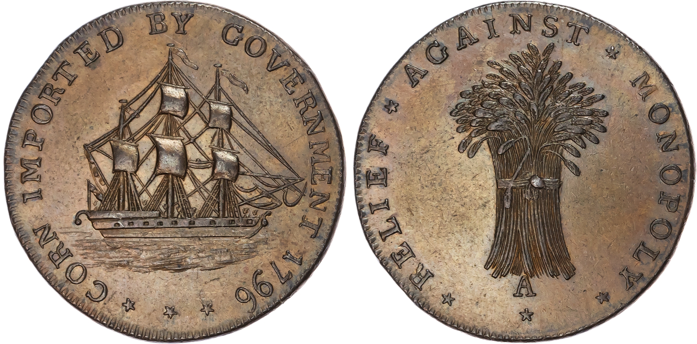 Glos. Badminton , David Arnot and John Jelly (Kempson mule) Halfpenny 1796, Merchant ship in full sale right, …