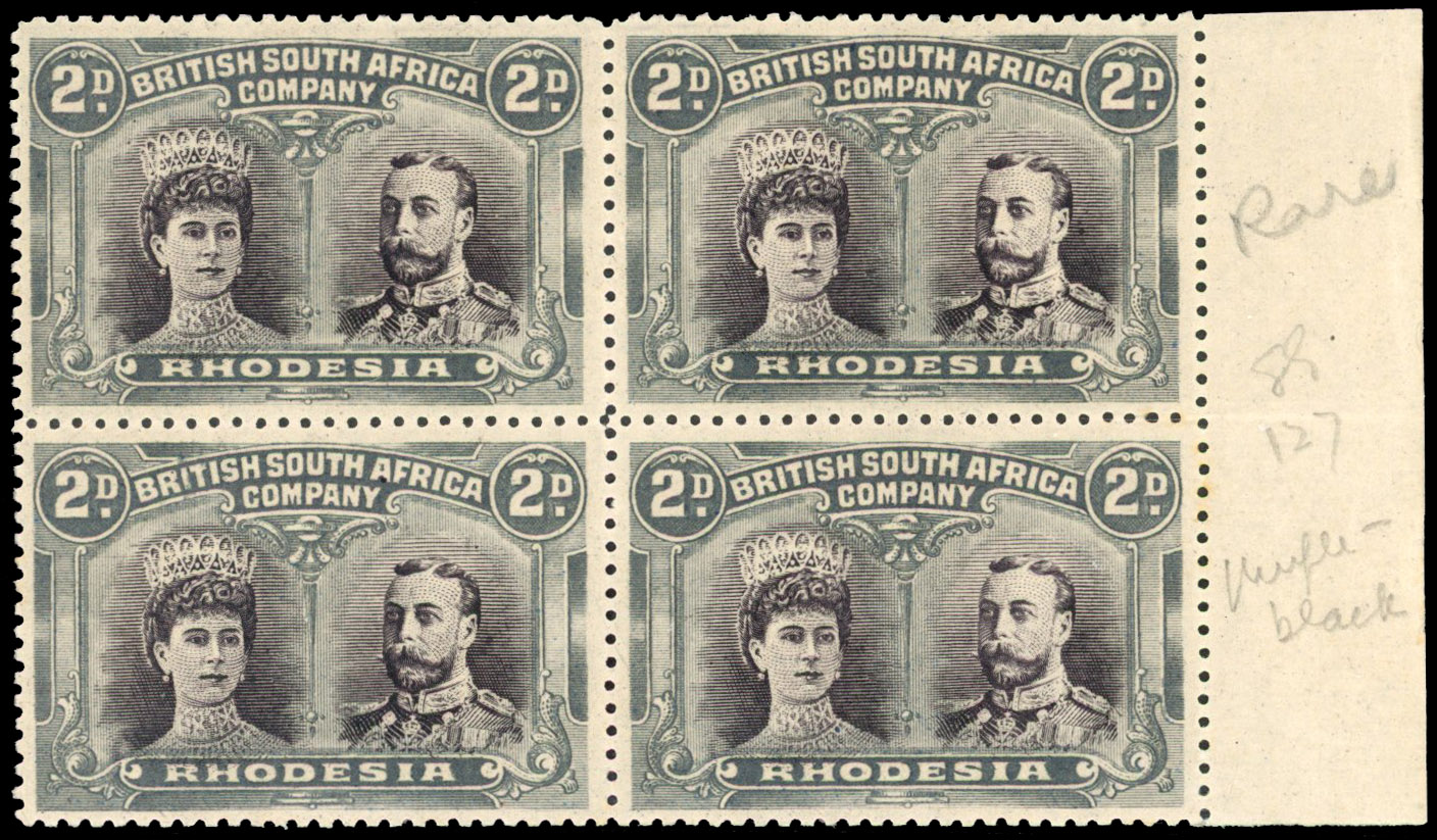 SG 127 2d blackish purple and slate-grey block of four mint